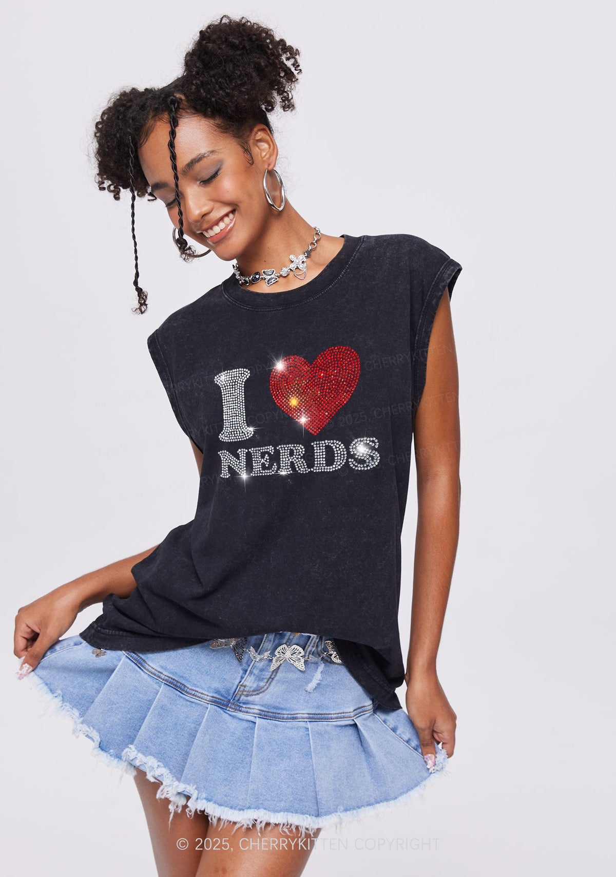 Rhinestone I Love Nerds Y2K Washed Muscle Tank Cherrykitten