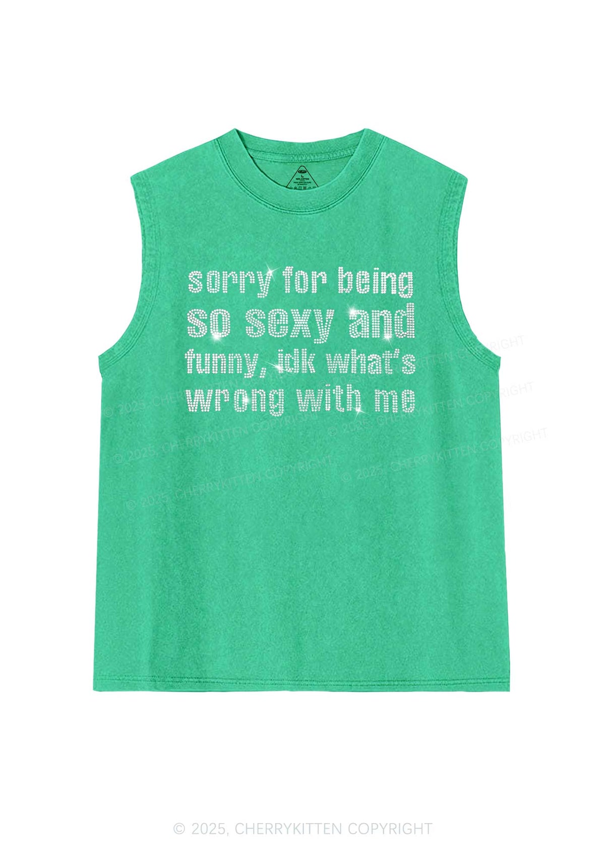 Rhinestone Sorry For Being So Funny Y2K Washed Muscle Tank Cherrykitten