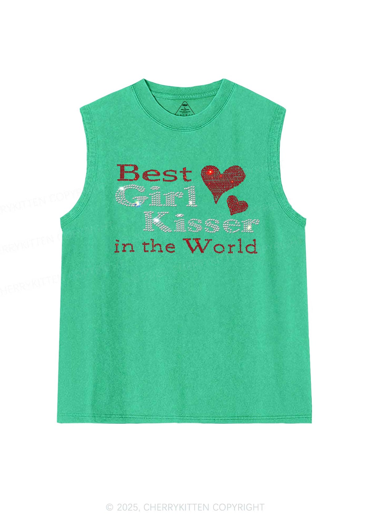Rhinestone Best Girl Kisser Pride Y2K Washed Muscle Tank Cherrykitten