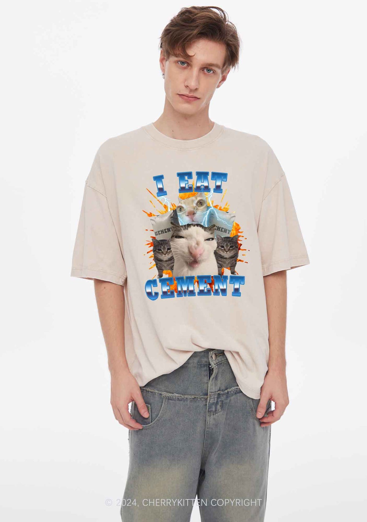 I Eat Cement Funny Cat Y2K Washed Tee Cherrykitten