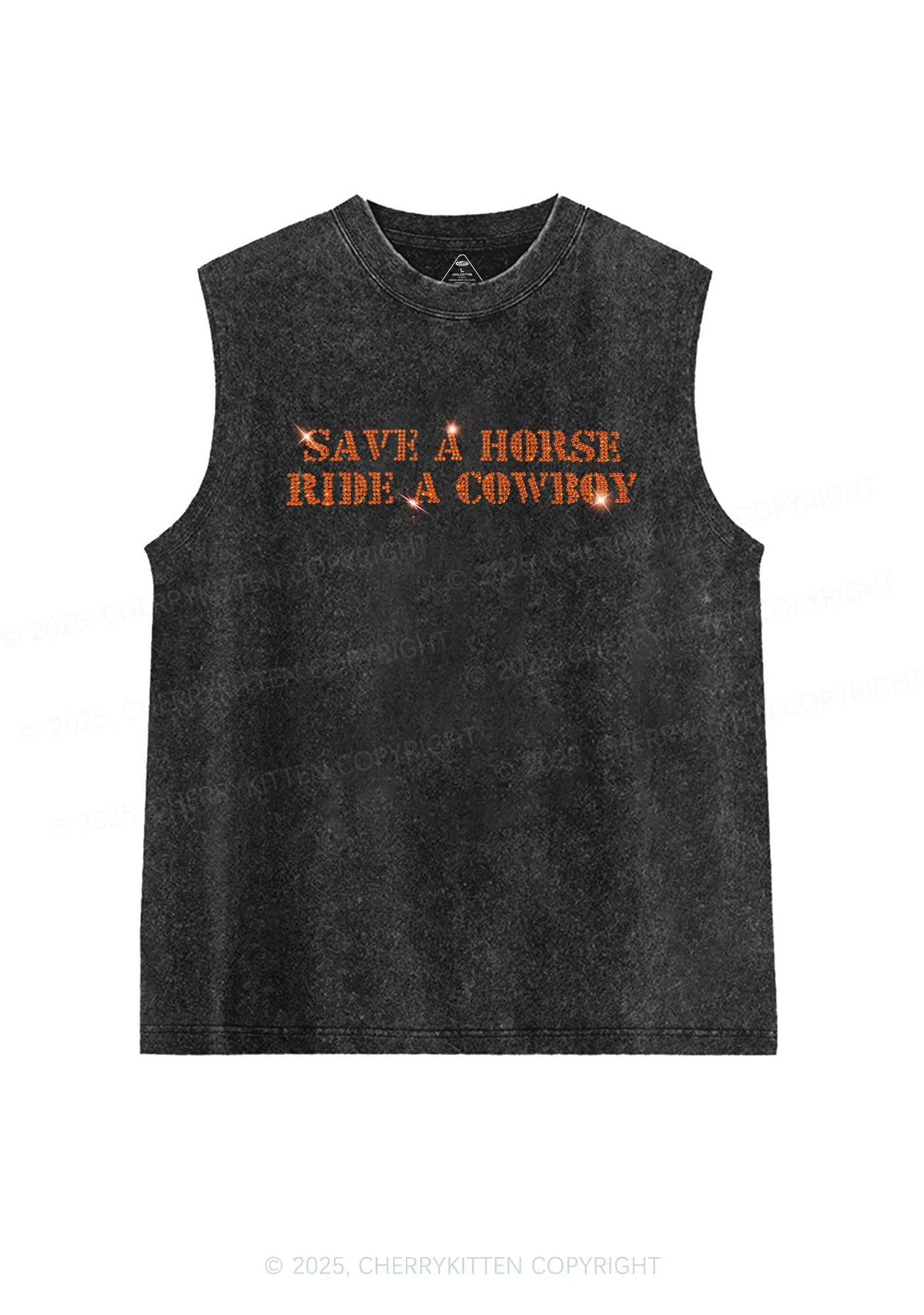 Rhinestone Save A Horse Ride A Cowboy Y2K Washed Muscle Tank Cherrykitten