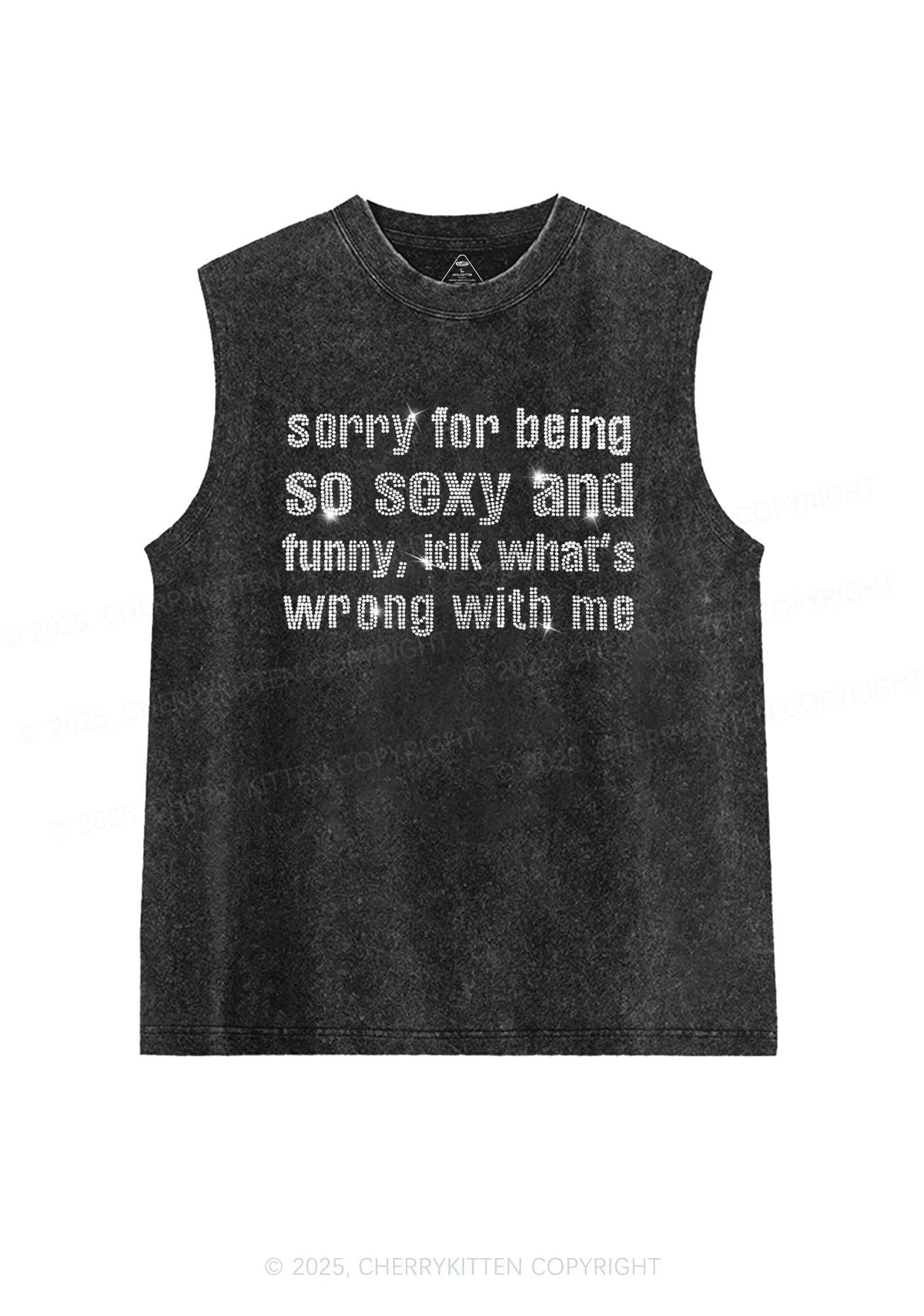 Rhinestone Sorry For Being So Funny Y2K Washed Muscle Tank Cherrykitten