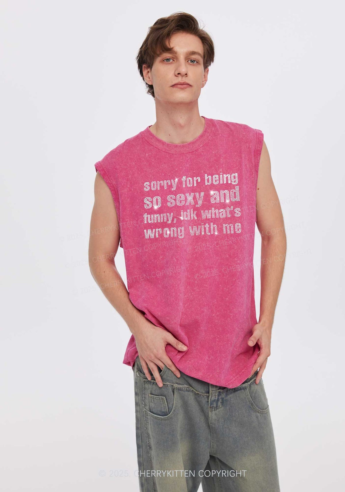 Rhinestone Sorry For Being So Funny Y2K Washed Muscle Tank Cherrykitten