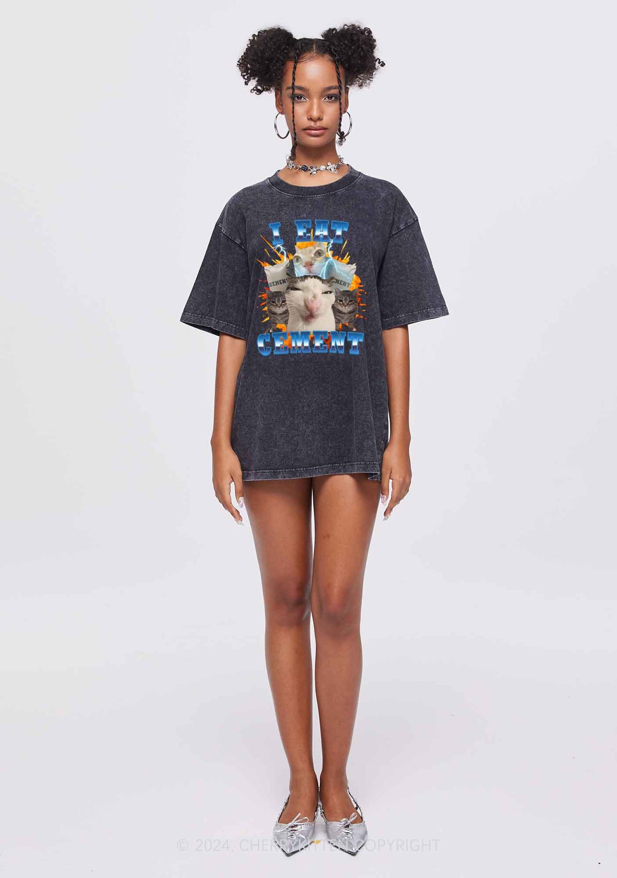 I Eat Cement Funny Cat Y2K Washed Tee Cherrykitten
