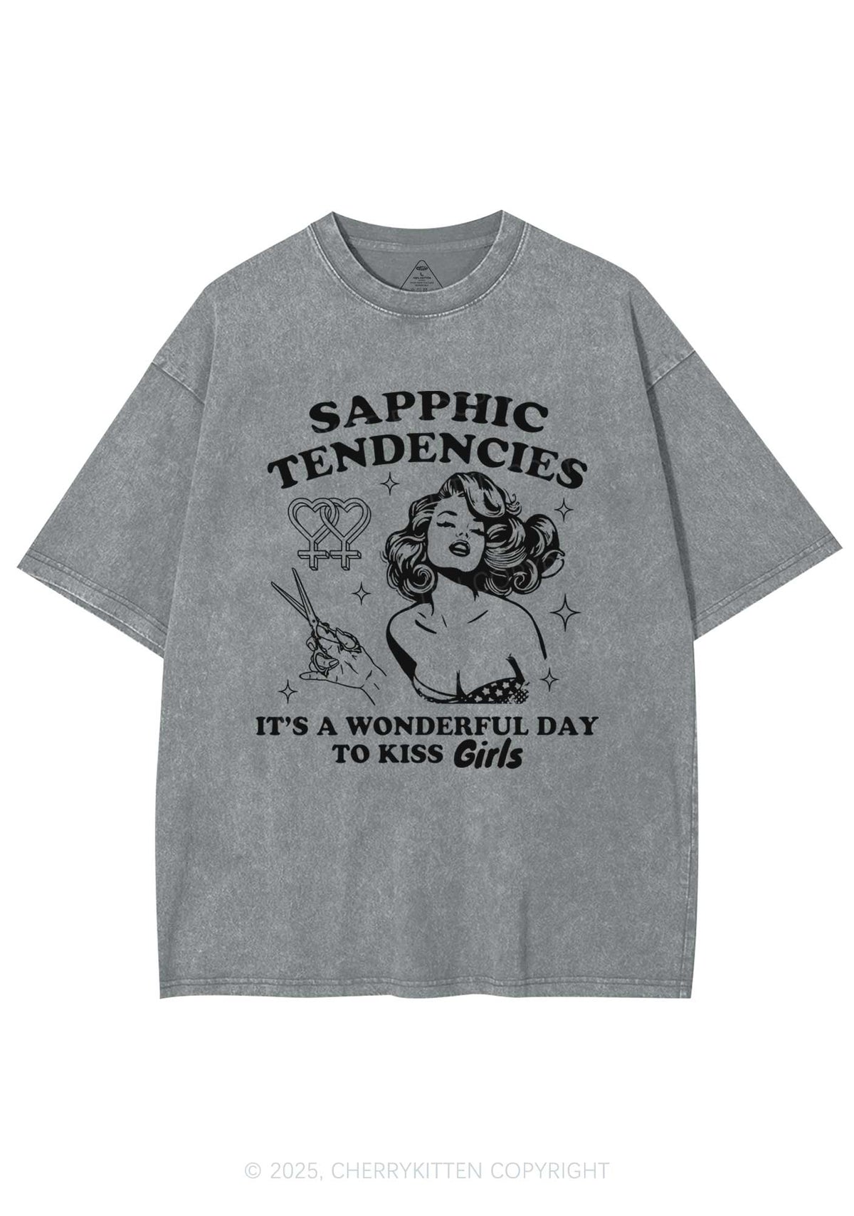 Sapphic Tendencies Kiss Girls Y2K Shirts Washed Tee Cherrykitten