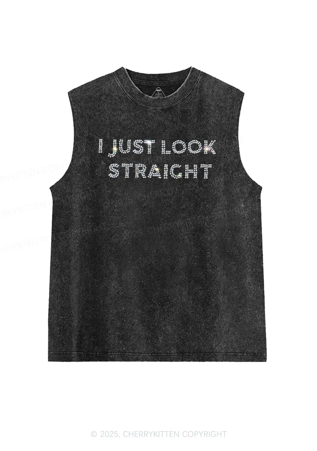 Rhinestone I Just Look Straight Pride Y2K Washed Muscle Tank Cherrykitten