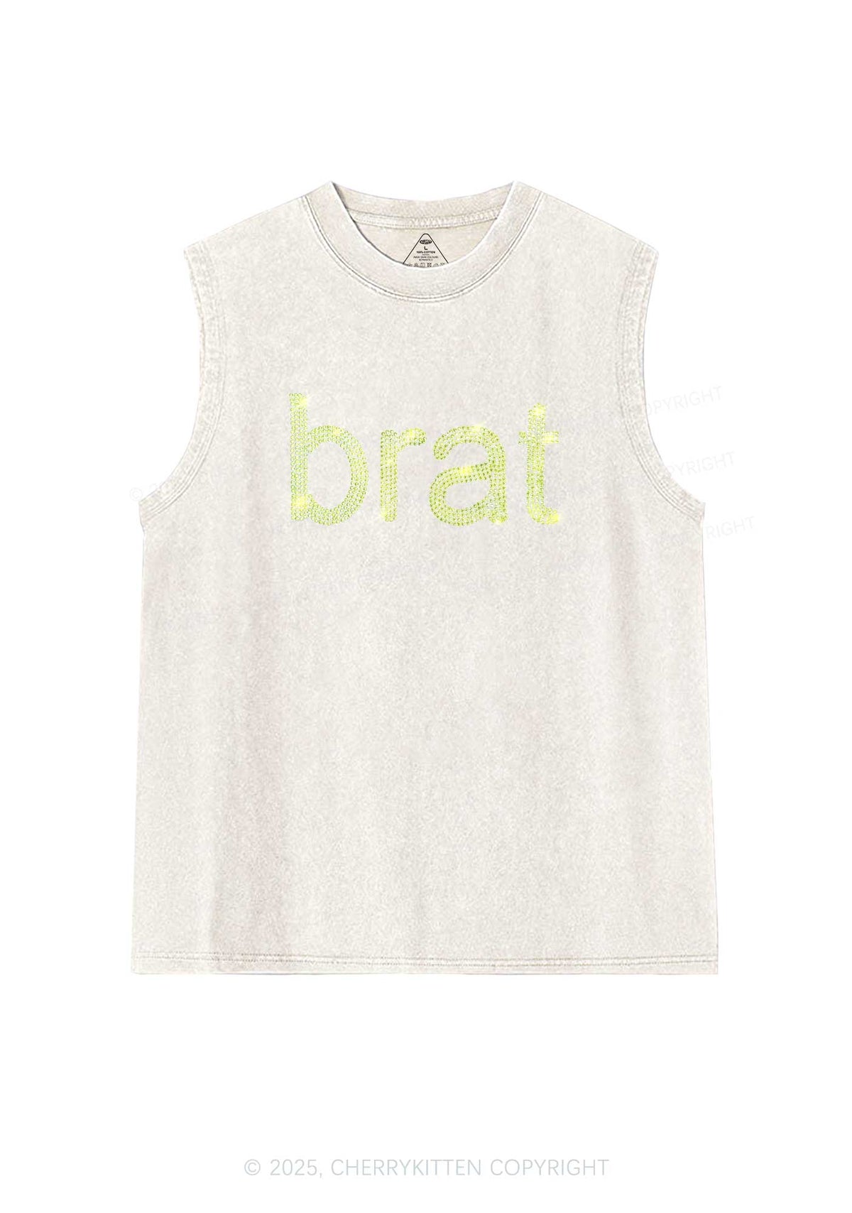 Rhinestone Green Brat Y2K Washed Muscle Tank Cherrykitten
