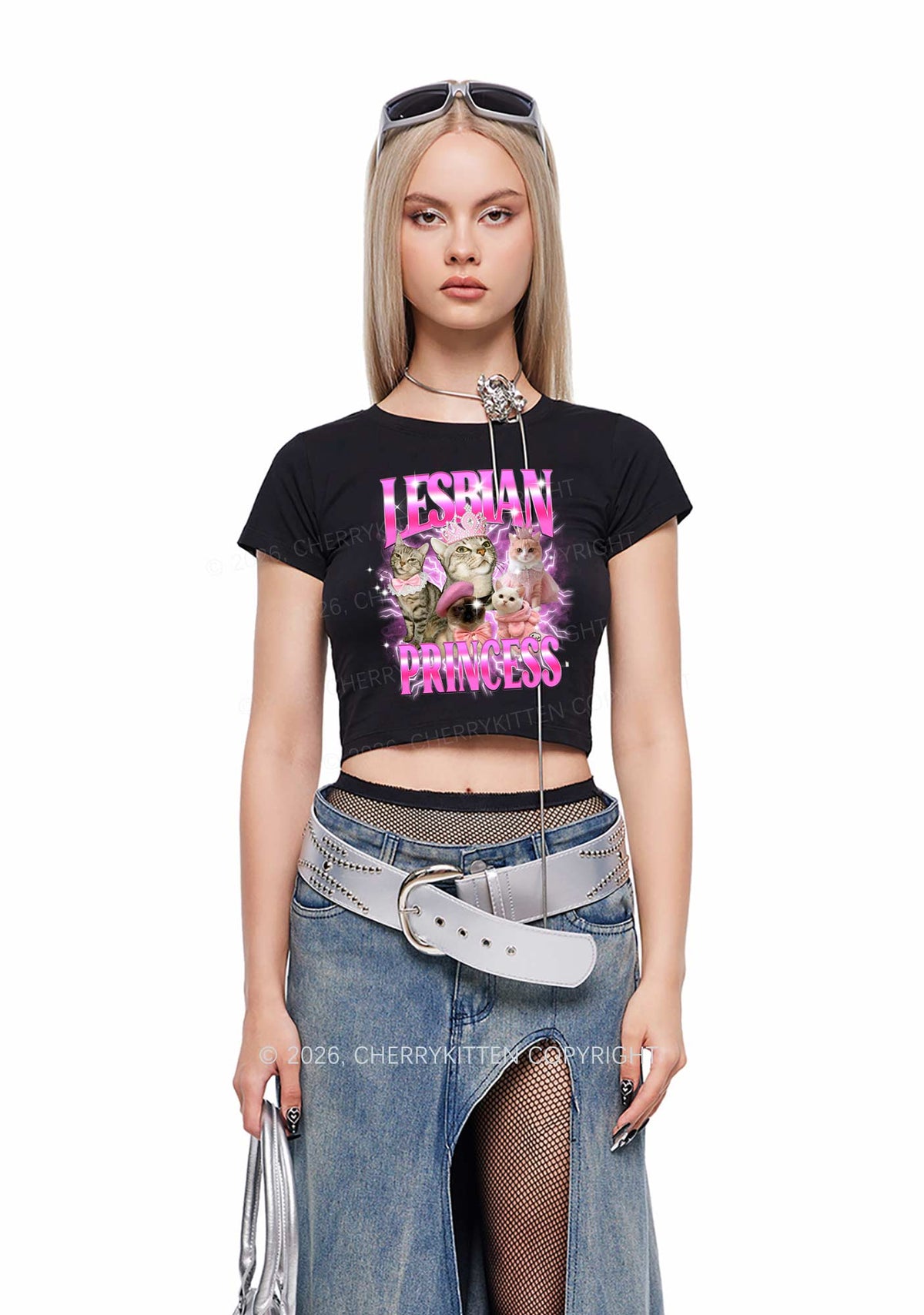 Lesbian Princess Cats Y2K Baby Tee Cherrykitten