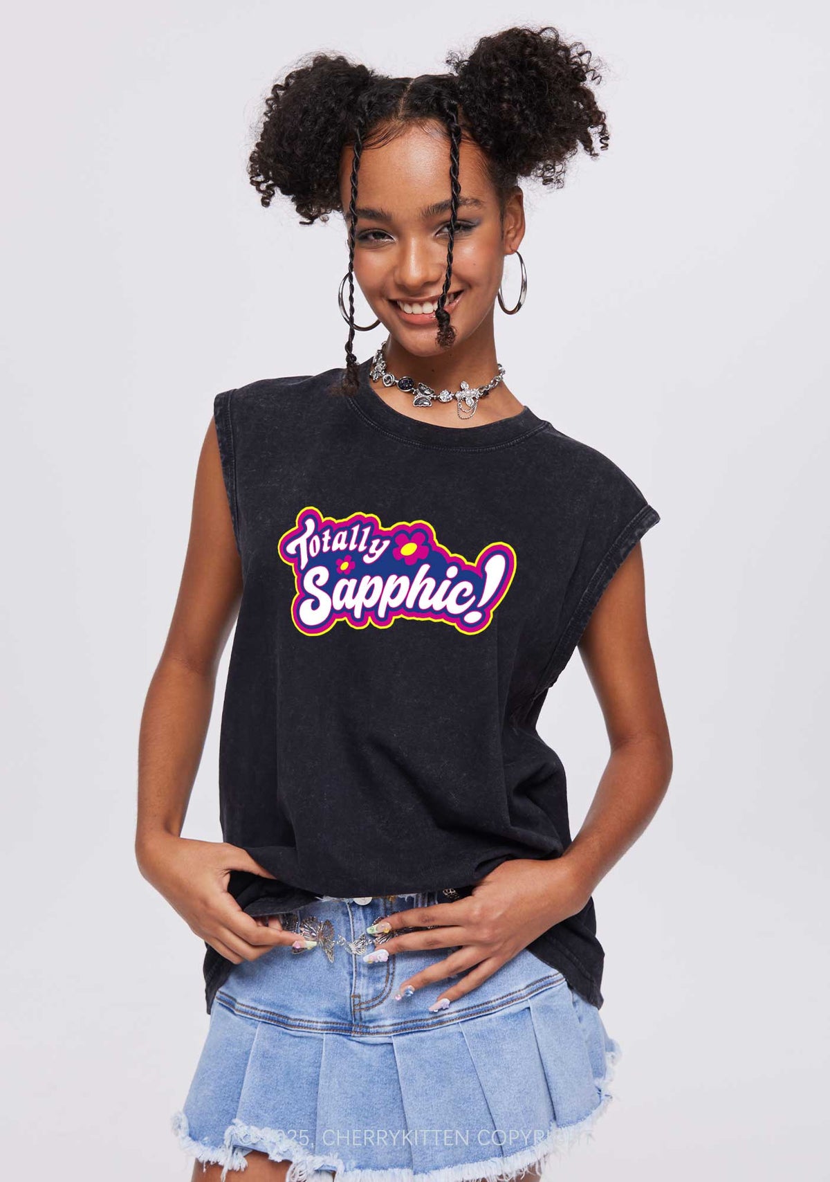 Totally Sapphic Pride Y2K Washed Muscle Tank Cherrykitten