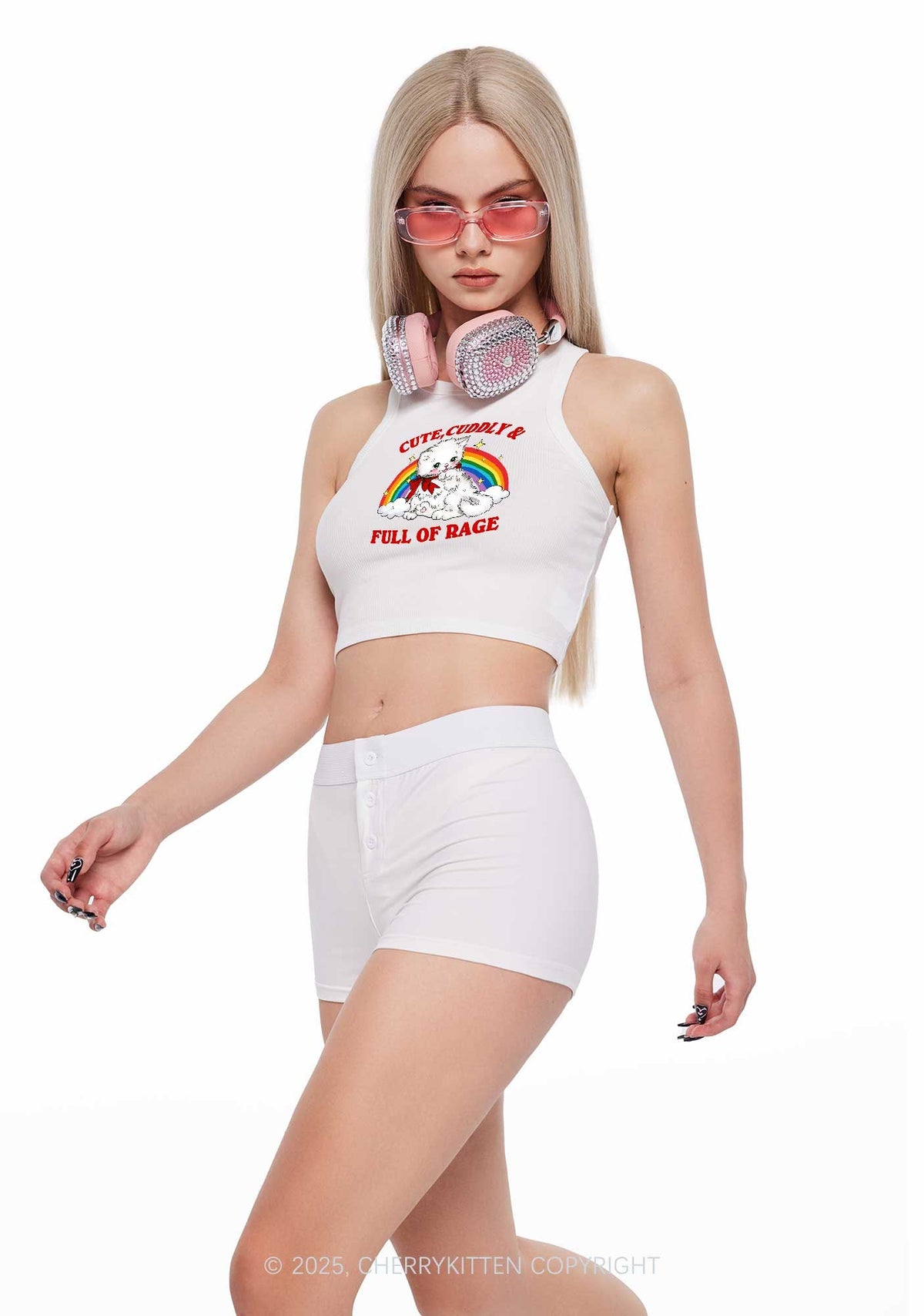 Cuddly Cat Full Of Rage Y2K Crop Tank Top Cherrykitten