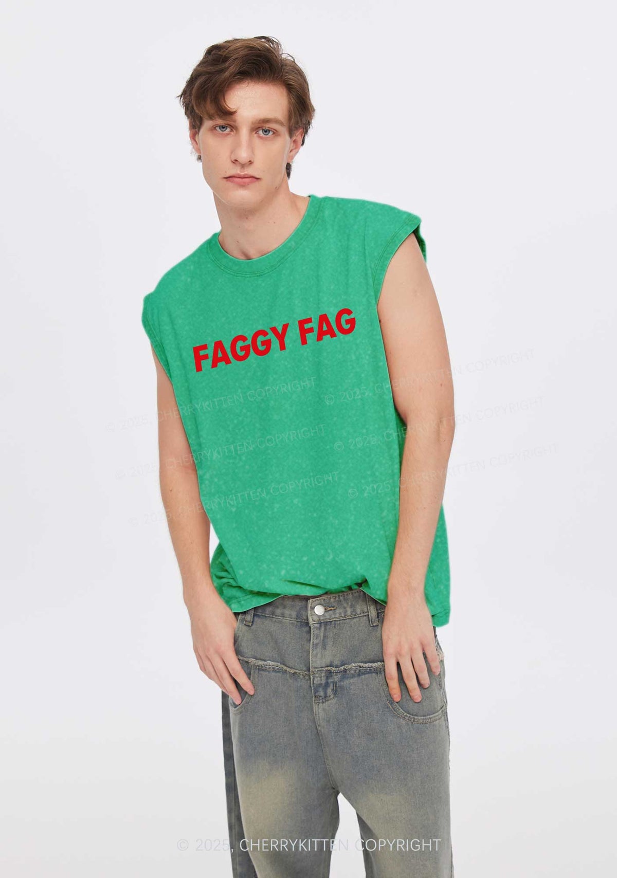 Faggy Fag Pride Y2K Washed Muscle Tank Cherrykitten