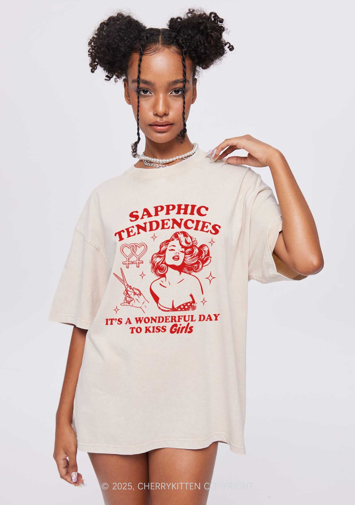 Sapphic Tendencies Kiss Girls Y2K Shirts Washed Tee Cherrykitten
