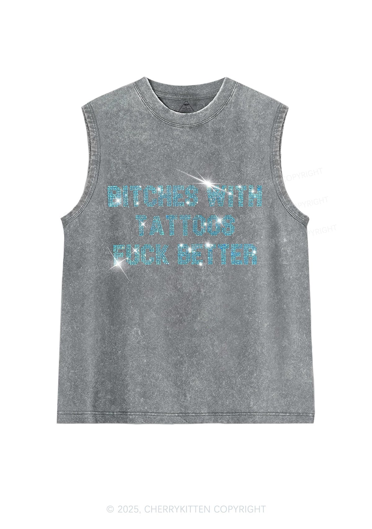 Rhinestone Bxxches With Tattoos Fxxk Better Y2K Washed Muscle Tank Cherrykitten