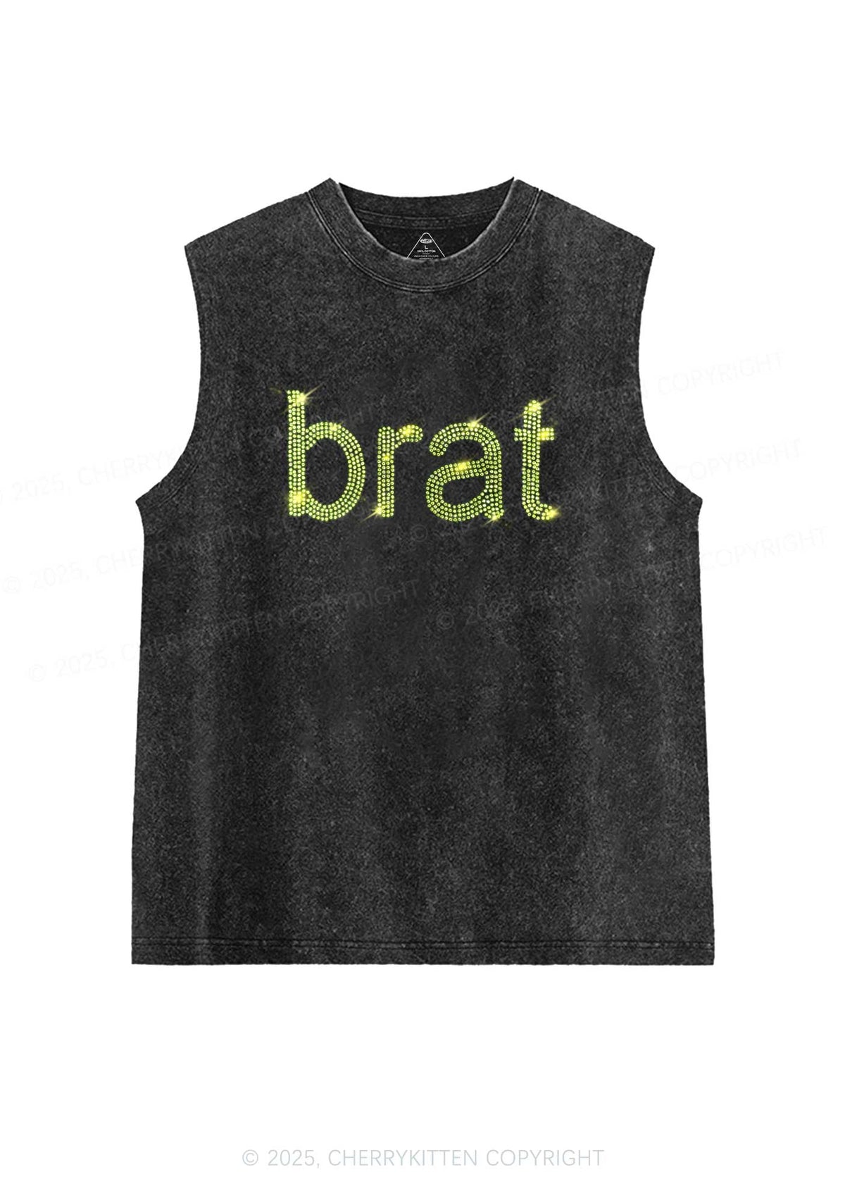 Rhinestone Green Brat Y2K Washed Muscle Tank Cherrykitten