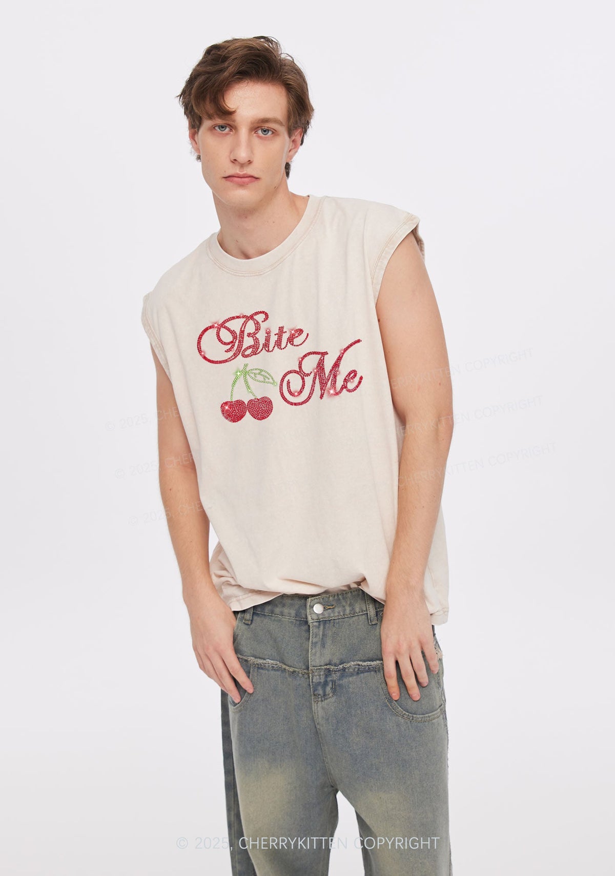 Rhinestone Red Cherry Bite Me Y2K Washed Muscle Tank Cherrykitten