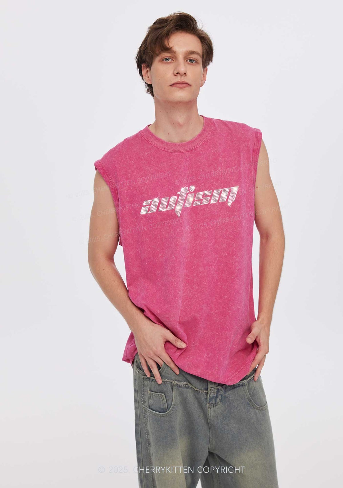Rhinestone Autism Y2K Washed Muscle Tank Cherrykitten