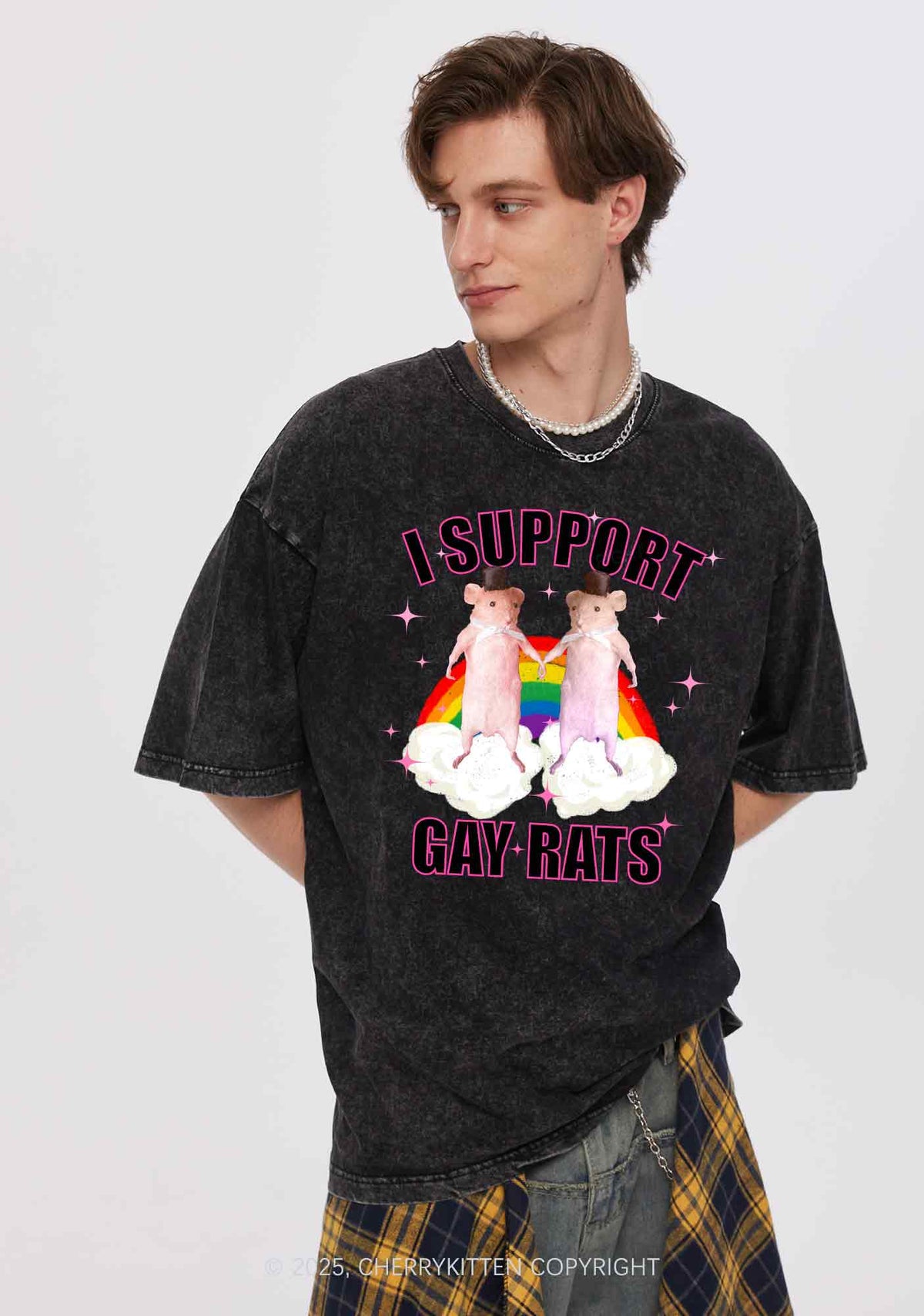 Support Gay Rats Pride Y2K Shirts Washed Tee Cherrykitten