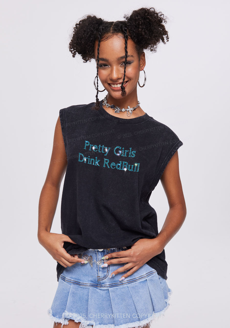 Rhinestone Pretty Girls Drink Red Y2K Washed Muscle Tank Cherrykitten