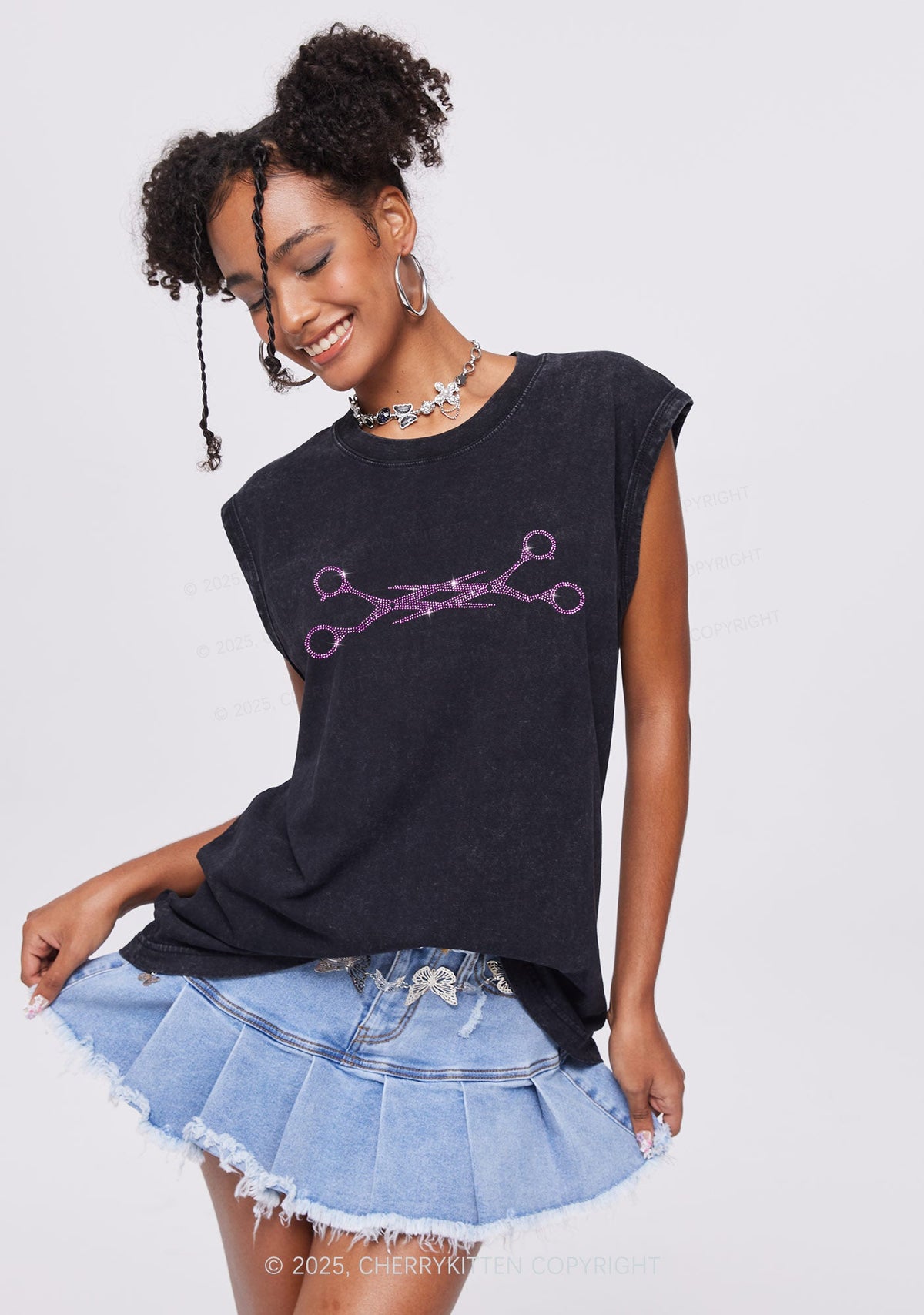 Rhinestone Pink Scissor Pride Y2K Washed Muscle Tank Cherrykitten