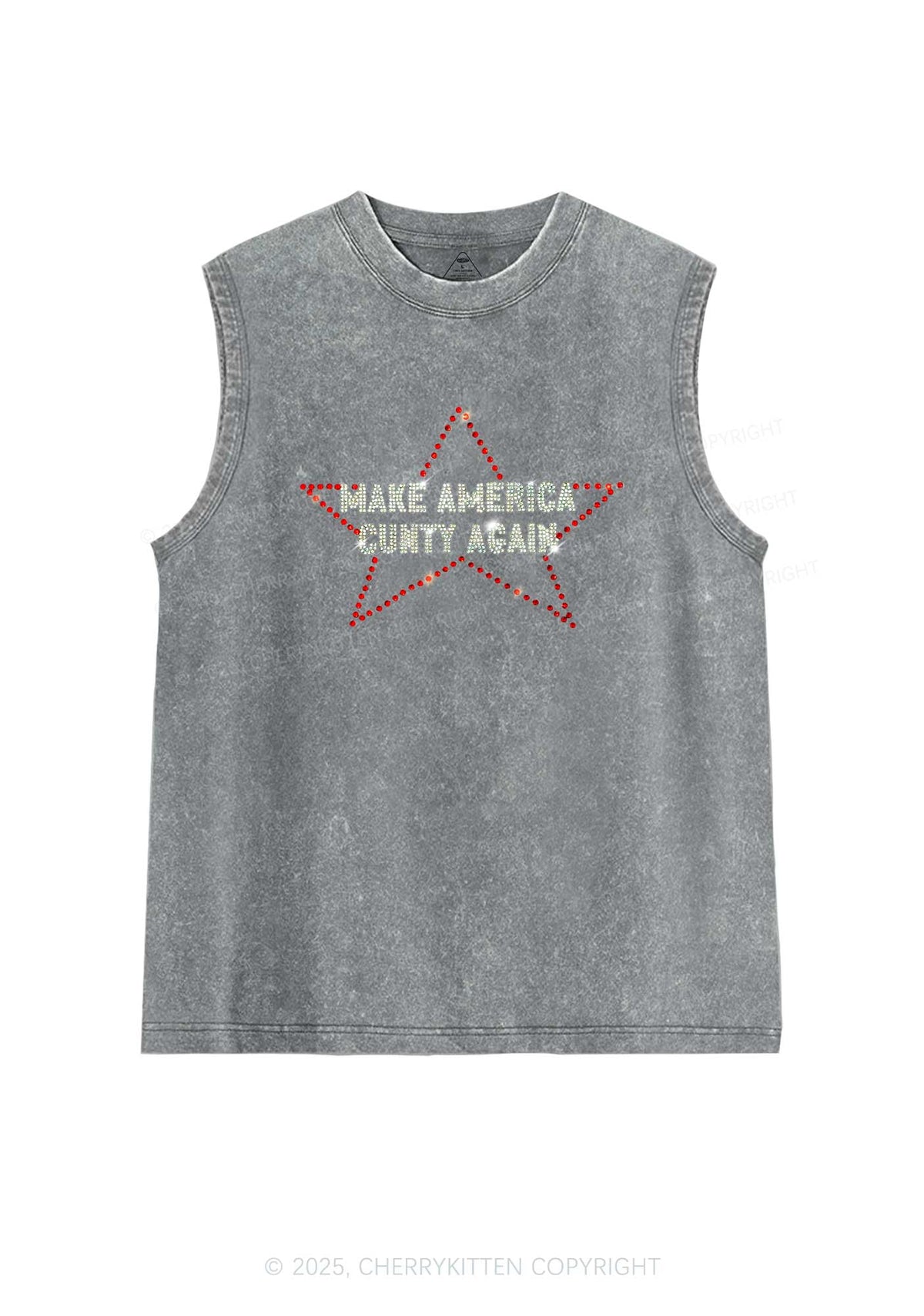 Rhinestone Make America Cxxty Again Y2K Washed Muscle Tank Cherrykitten