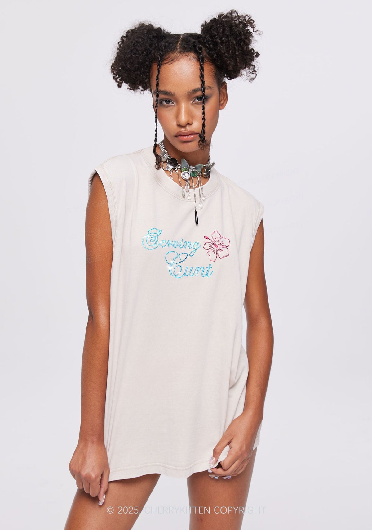 Rhinestone Serving Cxxt Y2K Washed Muscle Tank Cherrykitten