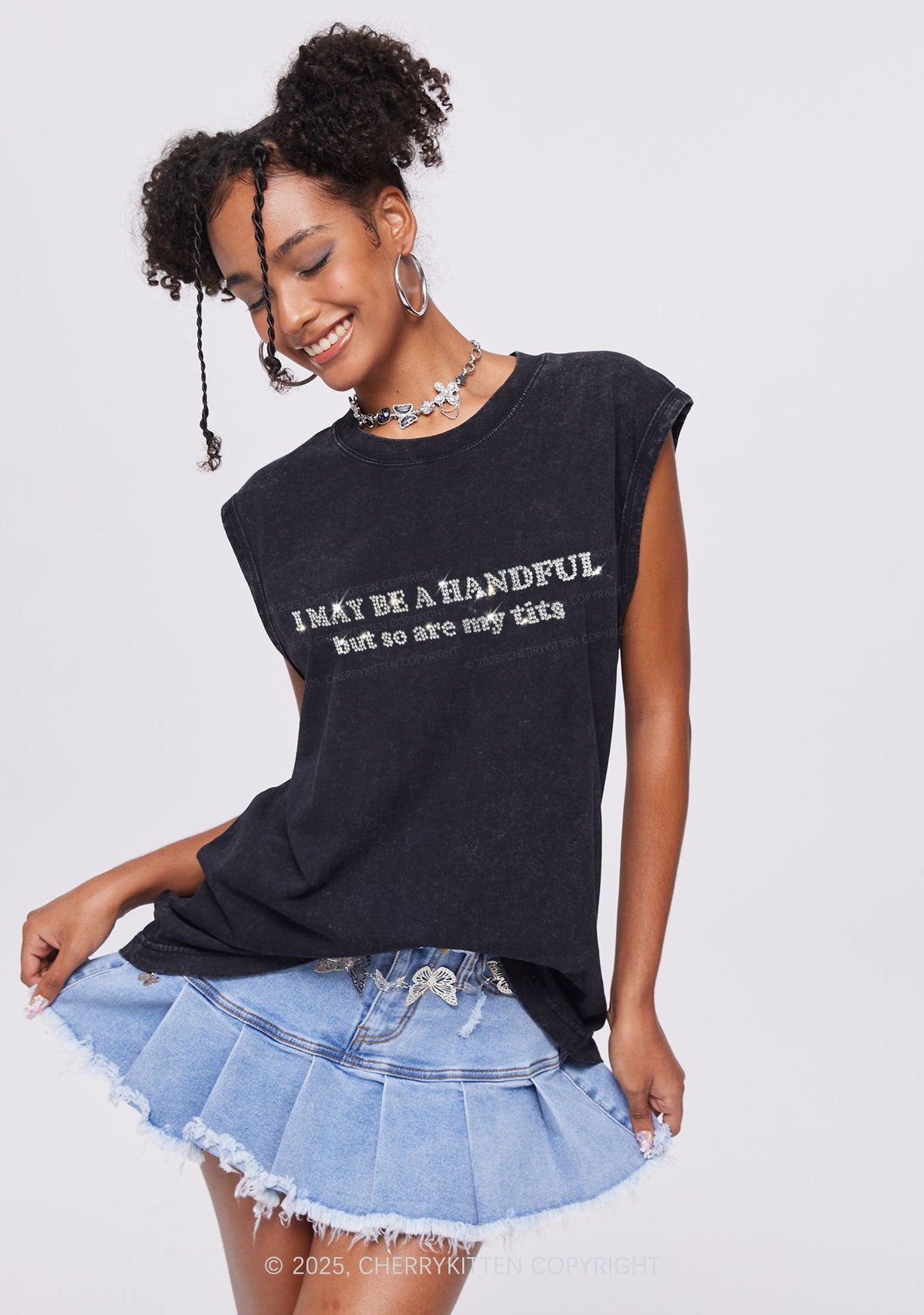 Rhinestone I May Be A Handful Y2K Washed Muscle Tank Cherrykitten