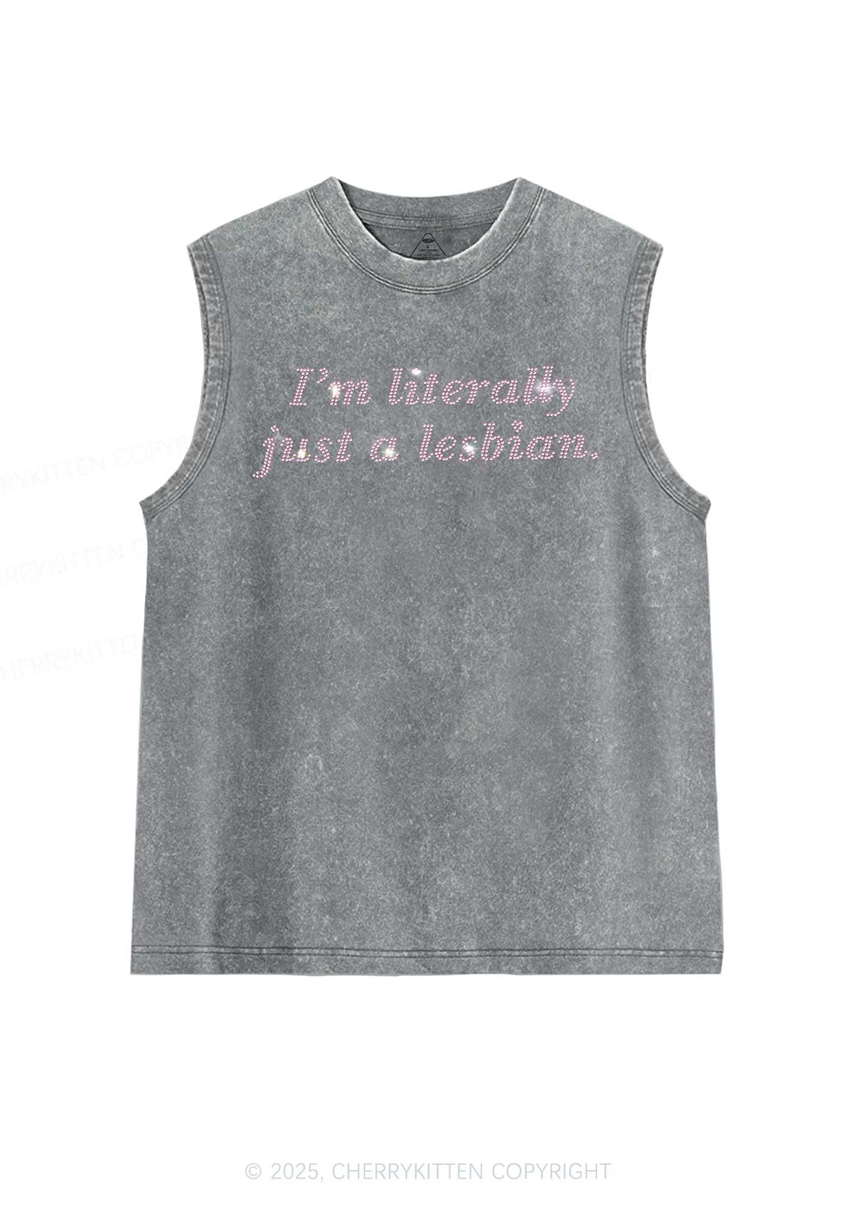 Rhinestone Literally Just A Lesbian Pride Y2K Washed Muscle Tank Cherrykitten