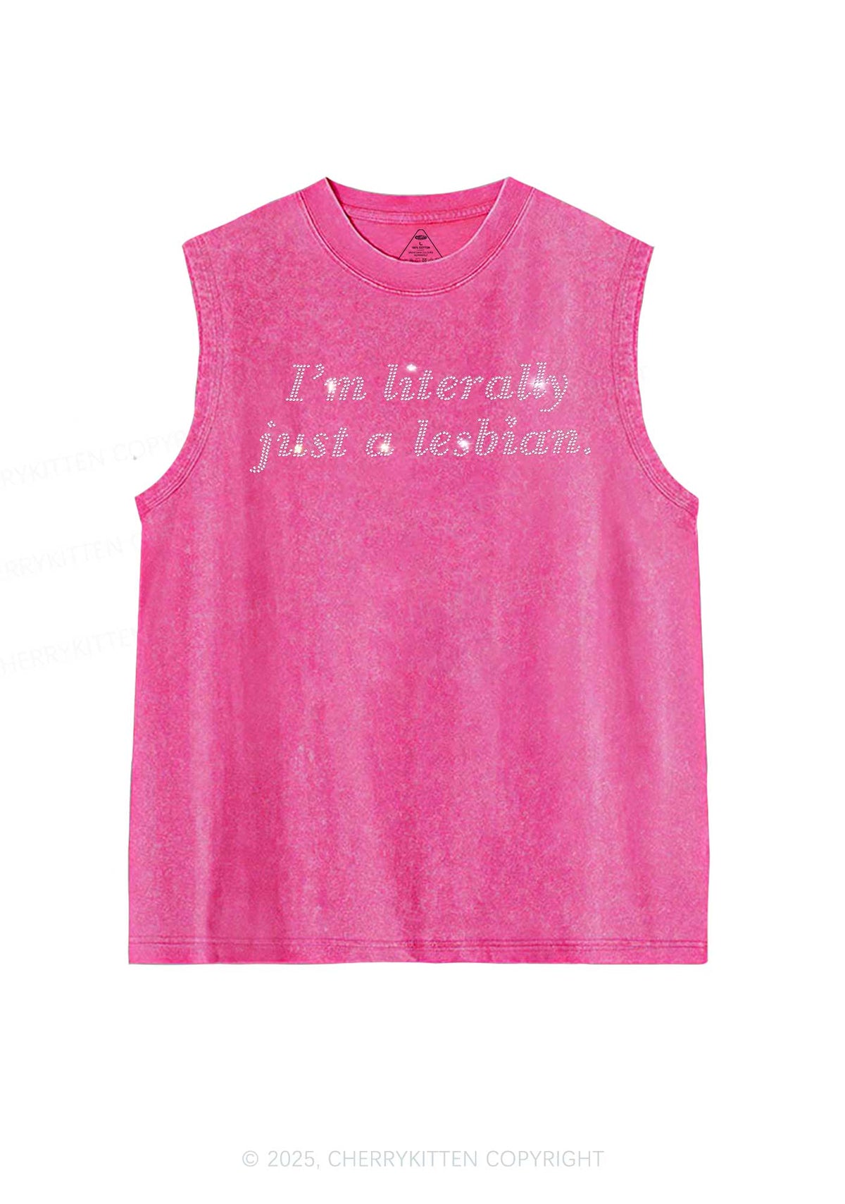 Rhinestone Literally Just A Lesbian Pride Y2K Washed Muscle Tank Cherrykitten