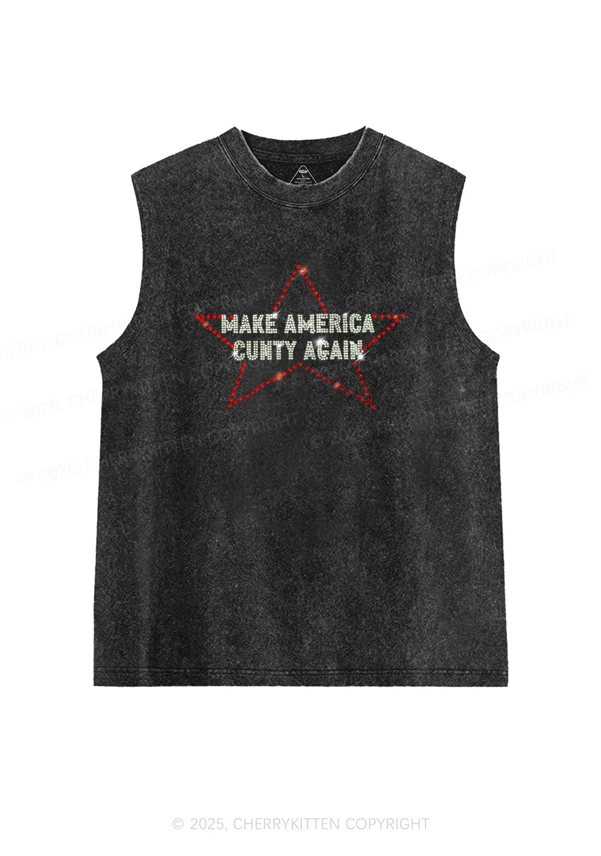 Rhinestone Make America Cxxty Again Y2K Washed Muscle Tank Cherrykitten