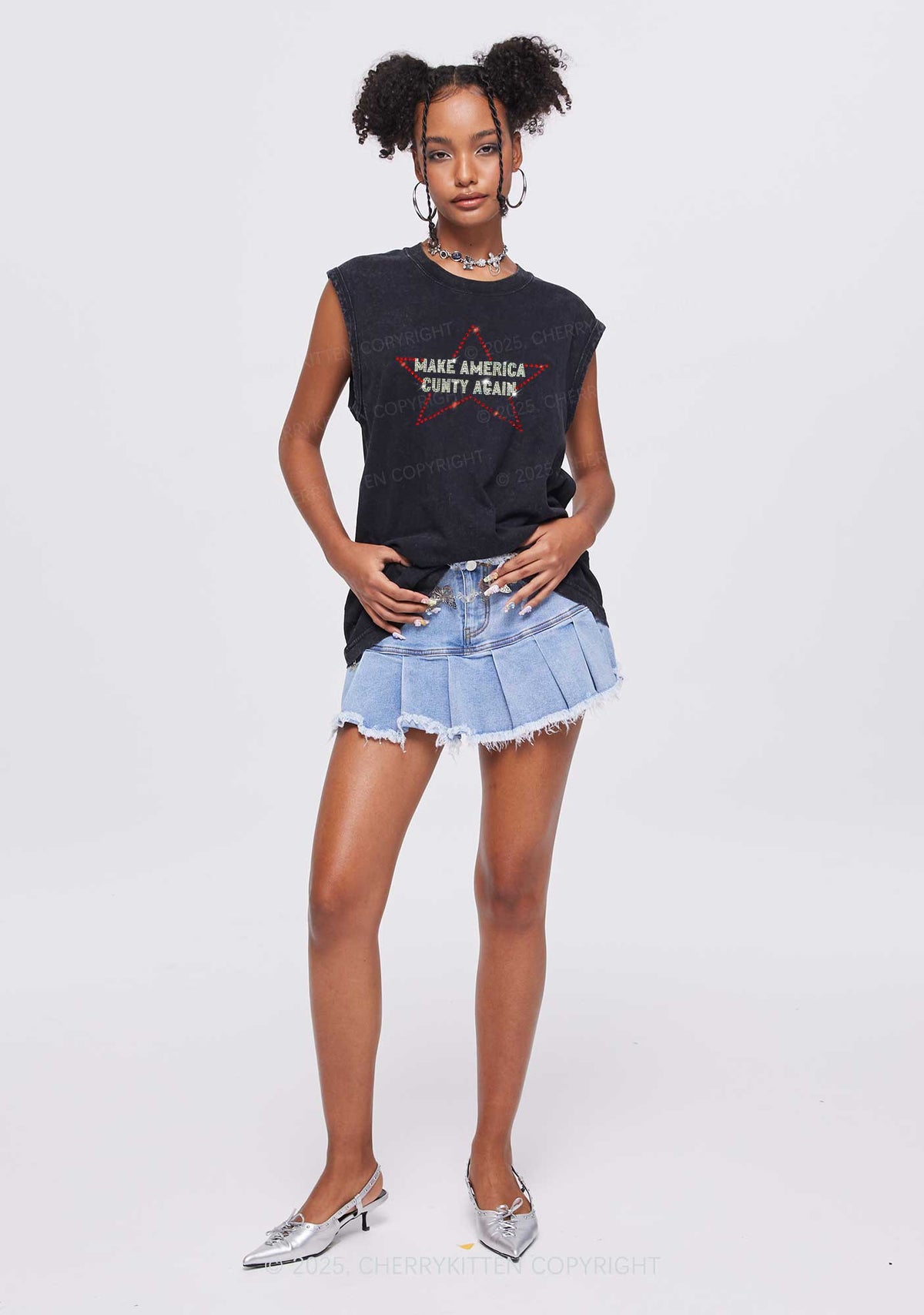 Rhinestone Make America Cxxty Again Y2K Washed Muscle Tank Cherrykitten