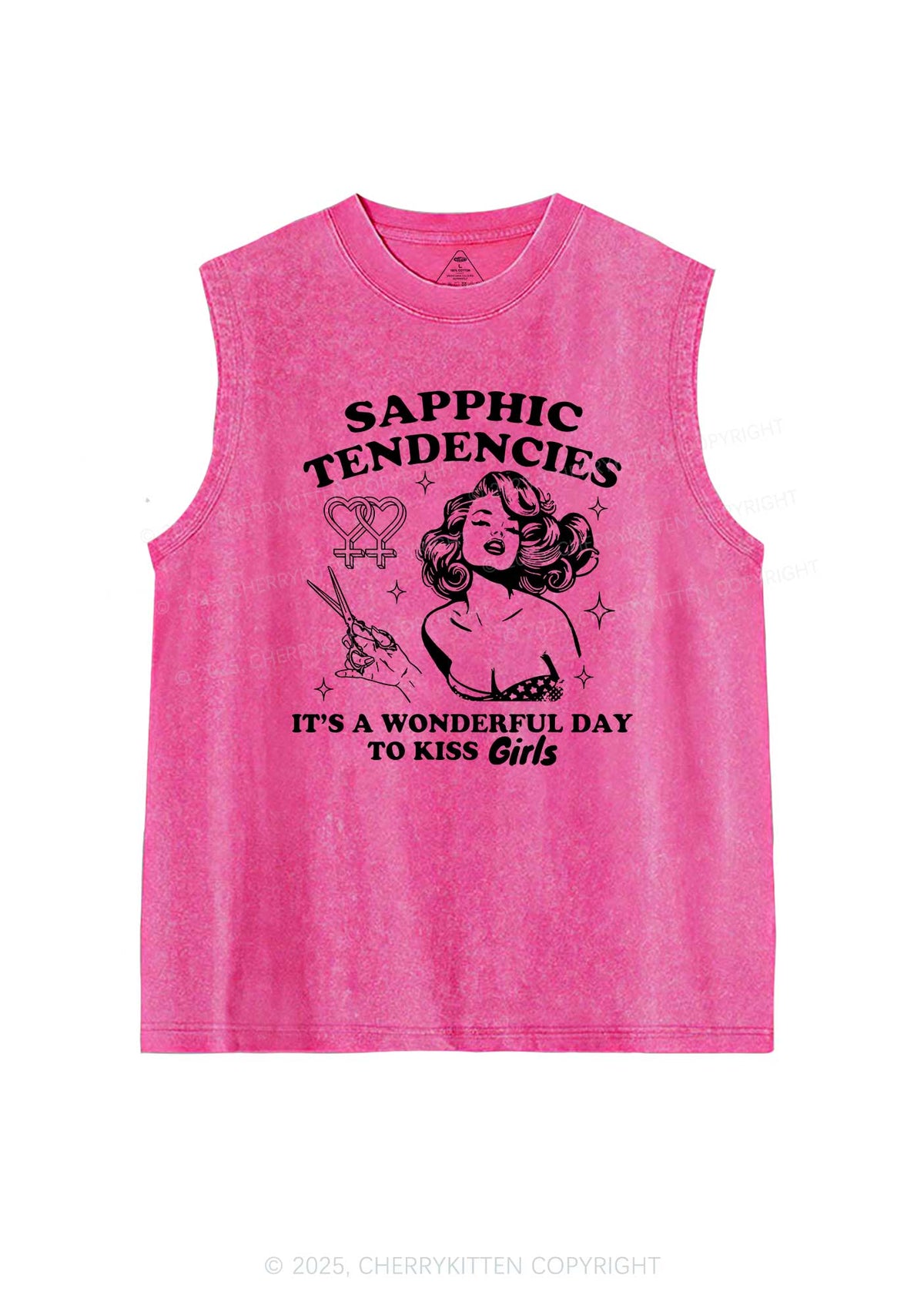 Sapphic Tendencies Kiss Girls Pride Y2K Washed Muscle Tank Cherrykitten
