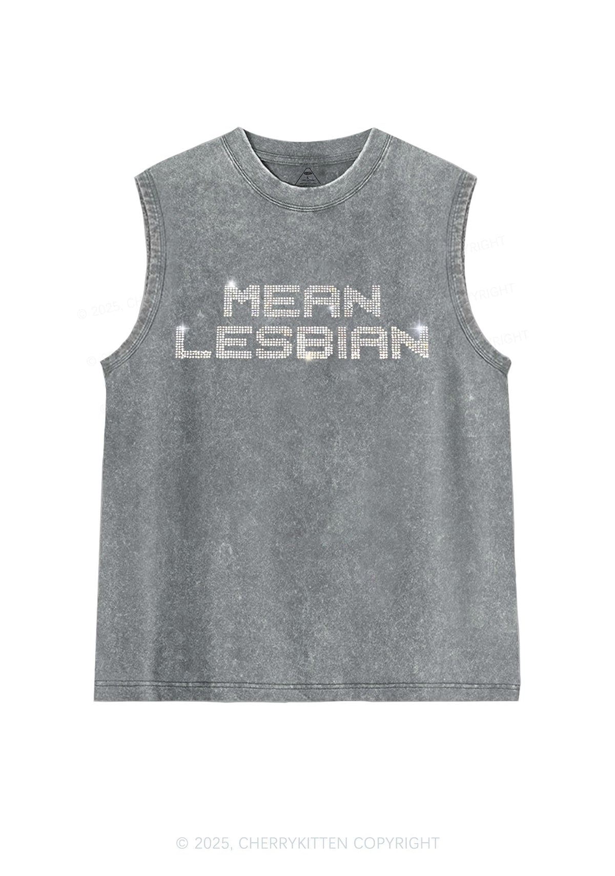 Rhinestone Mean Lesbian Pride Y2K Washed Muscle Tank Cherrykitten