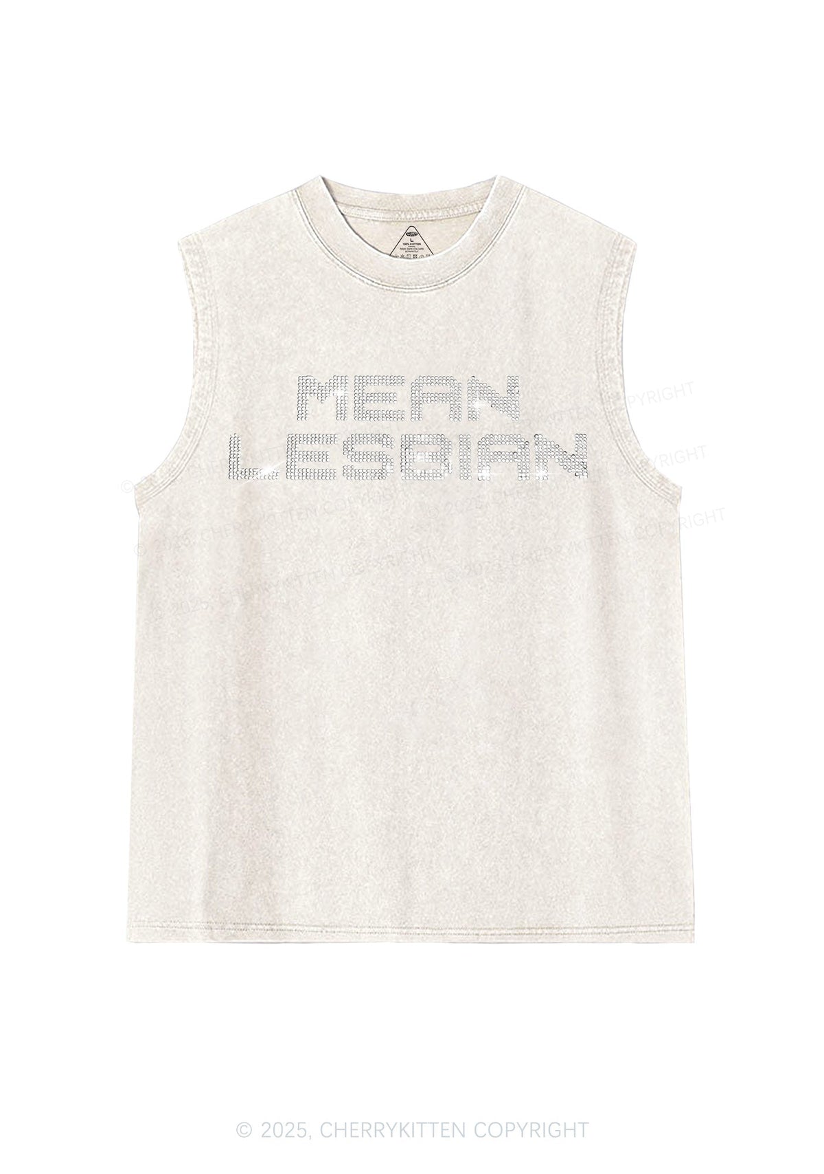 Rhinestone Mean Lesbian Pride Y2K Washed Muscle Tank Cherrykitten
