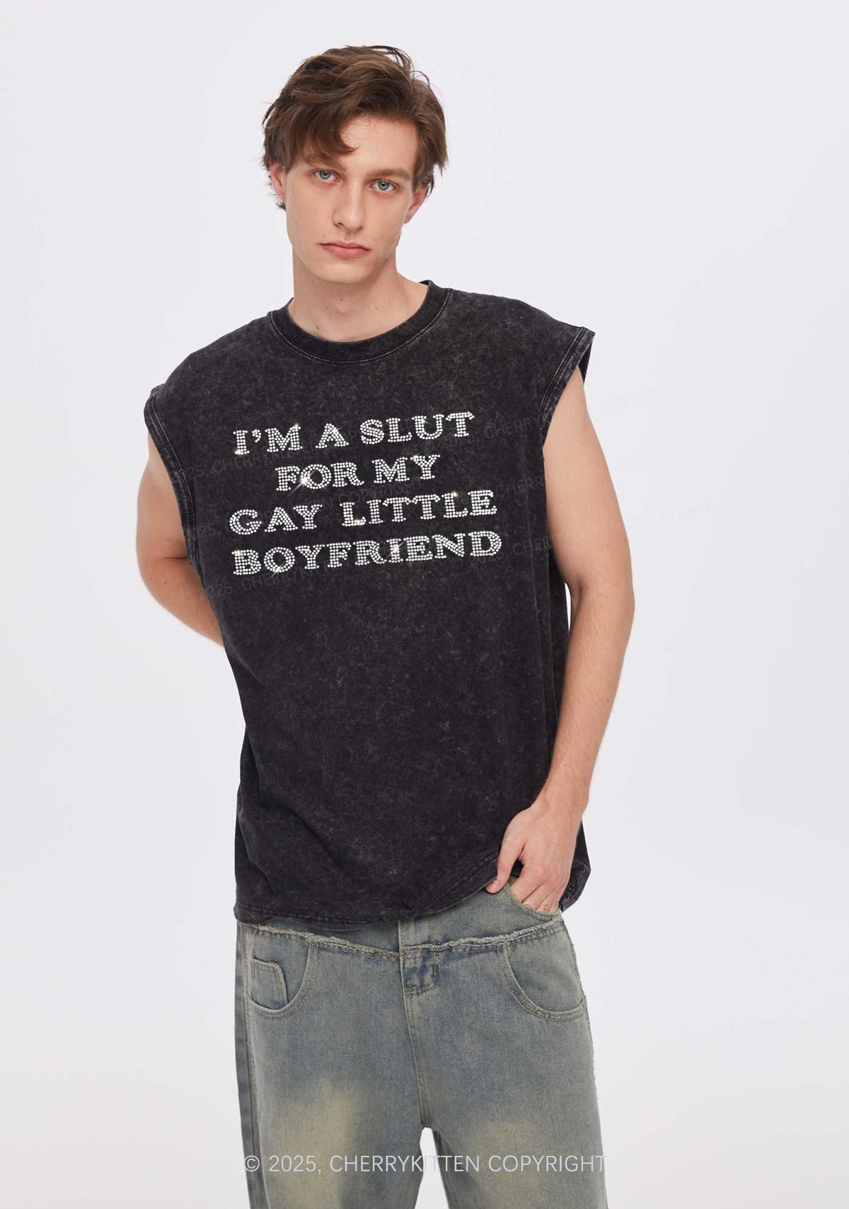 Rhinestone Slxt For My Gay BF Pride Y2K Washed Muscle Tank Cherrykitten