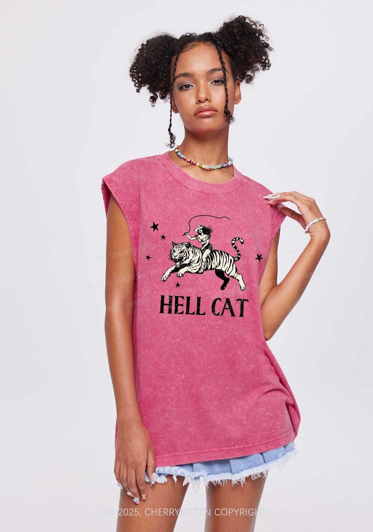 Cowgirl Hell Cat Y2K Washed Muscle Tank Cherrykitten