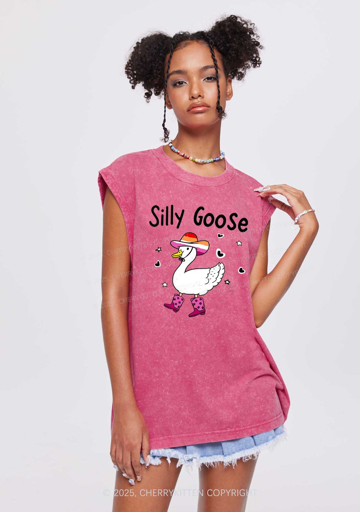 Silly Goose Lesbian Pride Y2K Washed Muscle Tank Cherrykitten