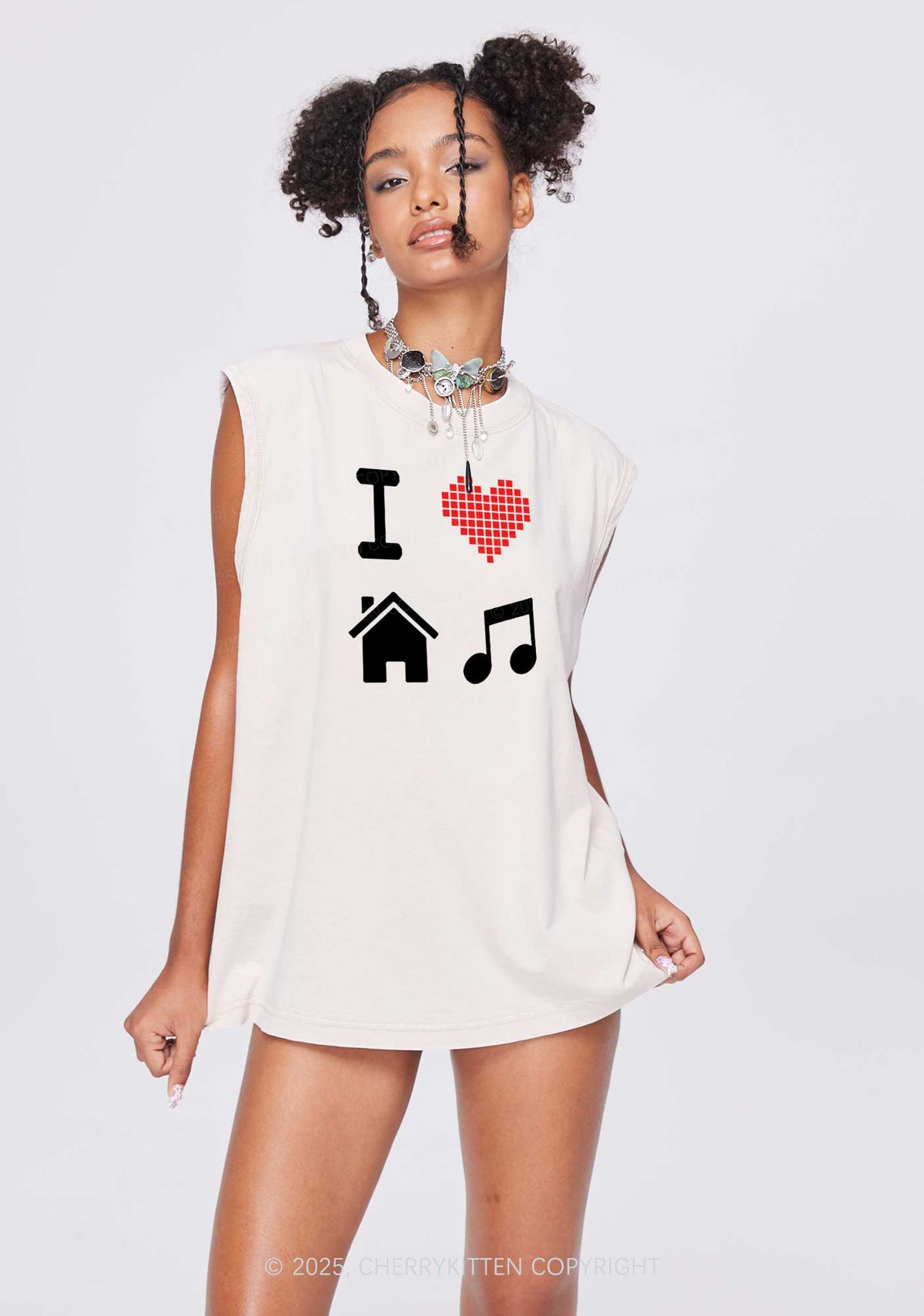 I Love House Music Y2K Washed Muscle Tank Cherrykitten