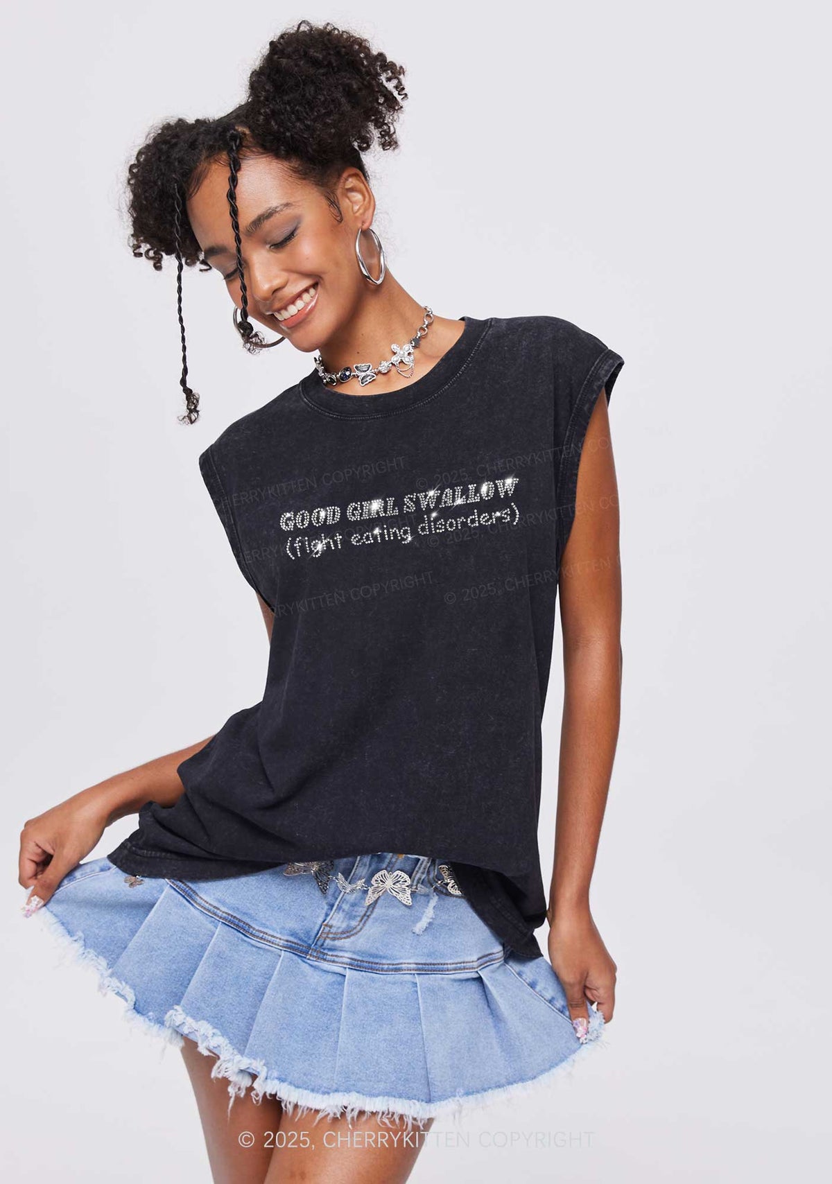 Rhinestone Good Girls Swallow Y2K Washed Muscle Tank Cherrykitten