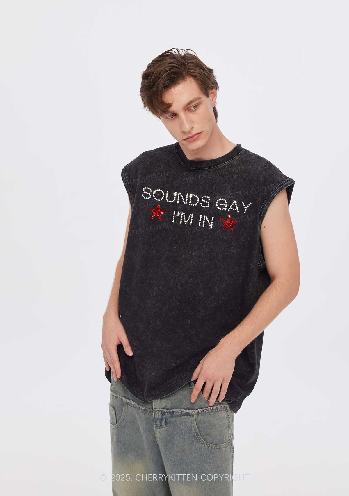 Rhinestone Sounds Gay Pride Y2K Washed Muscle Tank Cherrykitten