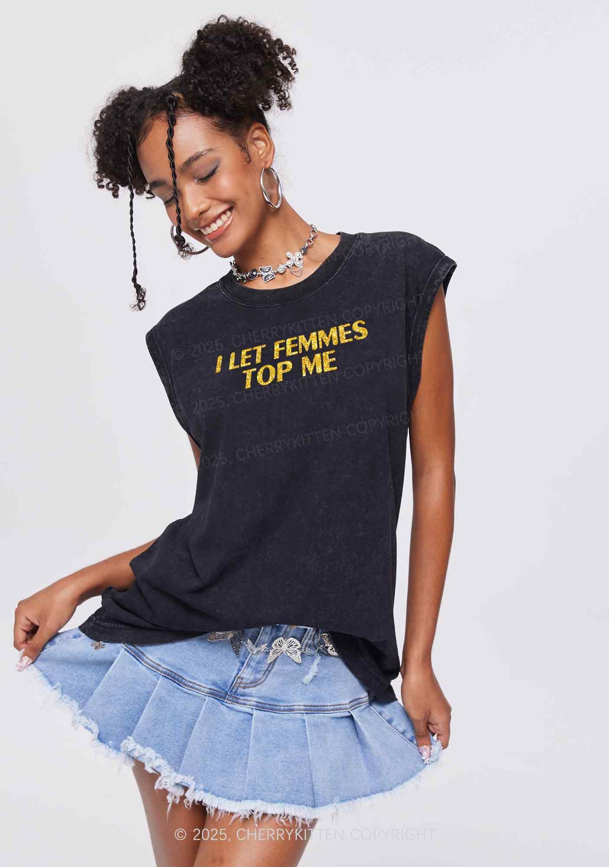 Glitter I Let Femmes Top Me Pride Y2K Washed Muscle Tank Cherrykitten