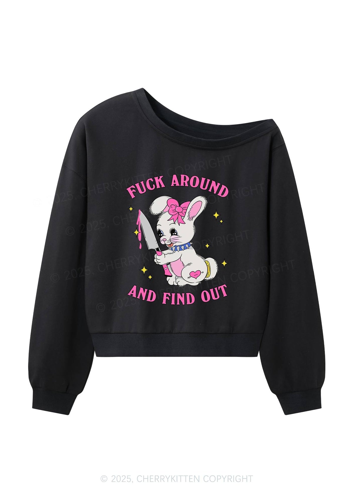 Fxxk Around Bunny Y2K Off Shoulder Sweatshirts Cherrykitten