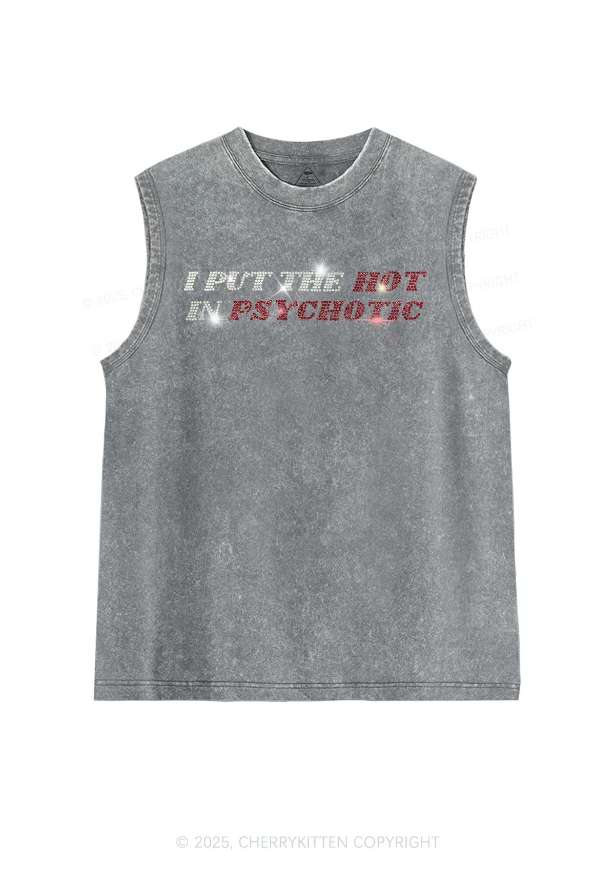 Rhinestone I Put The Hot In Psychotic Y2K Washed Muscle Tank Cherrykitten