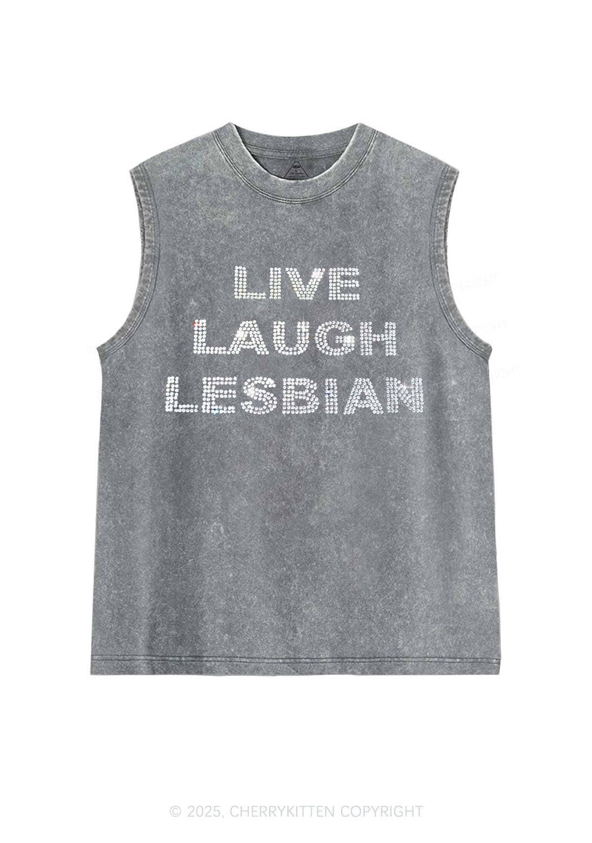 Rhinestone Live Laugh Lesbian Pride Y2K Washed Muscle Tank Cherrykitten