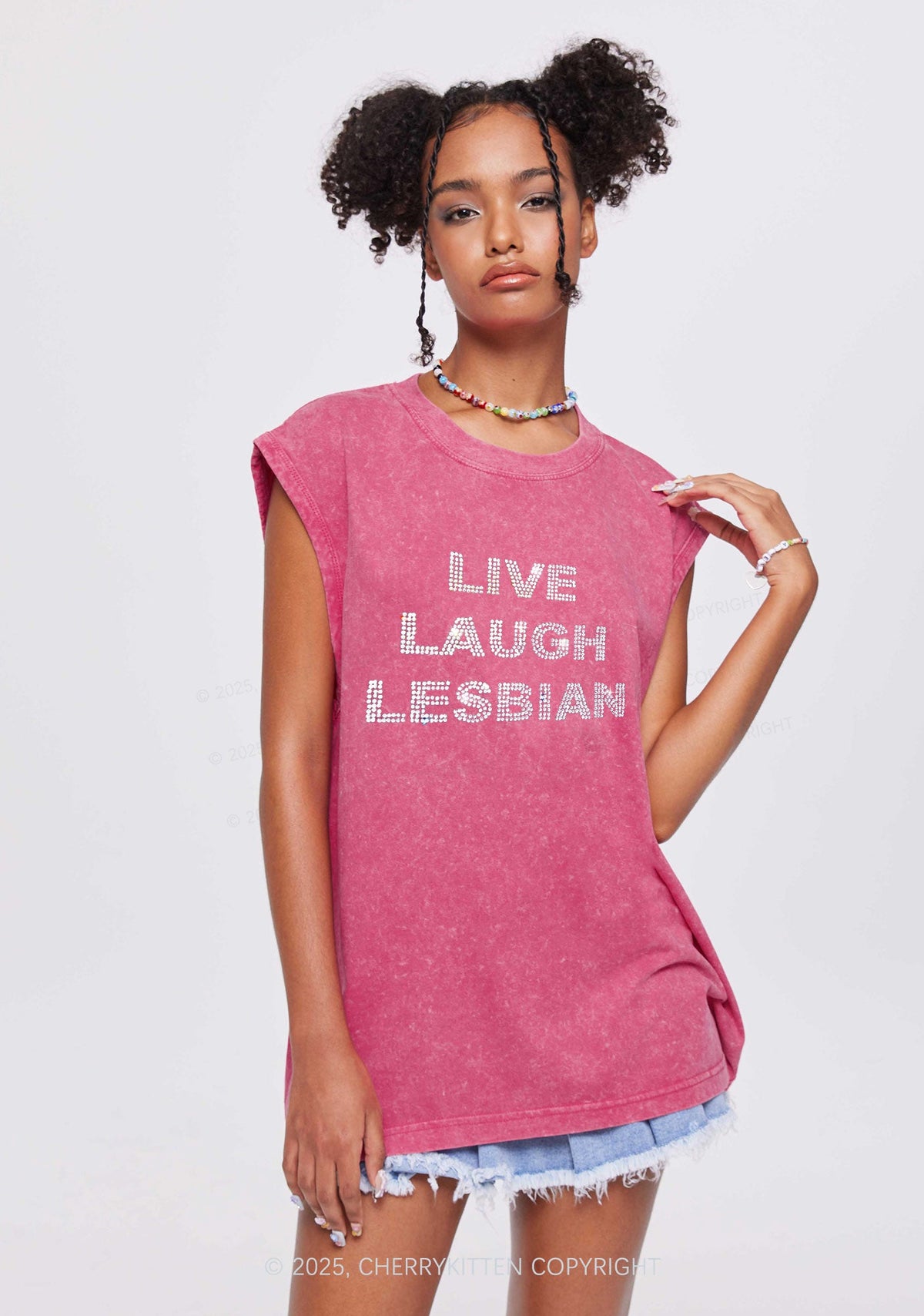 Rhinestone Live Laugh Lesbian Pride Y2K Washed Muscle Tank Cherrykitten