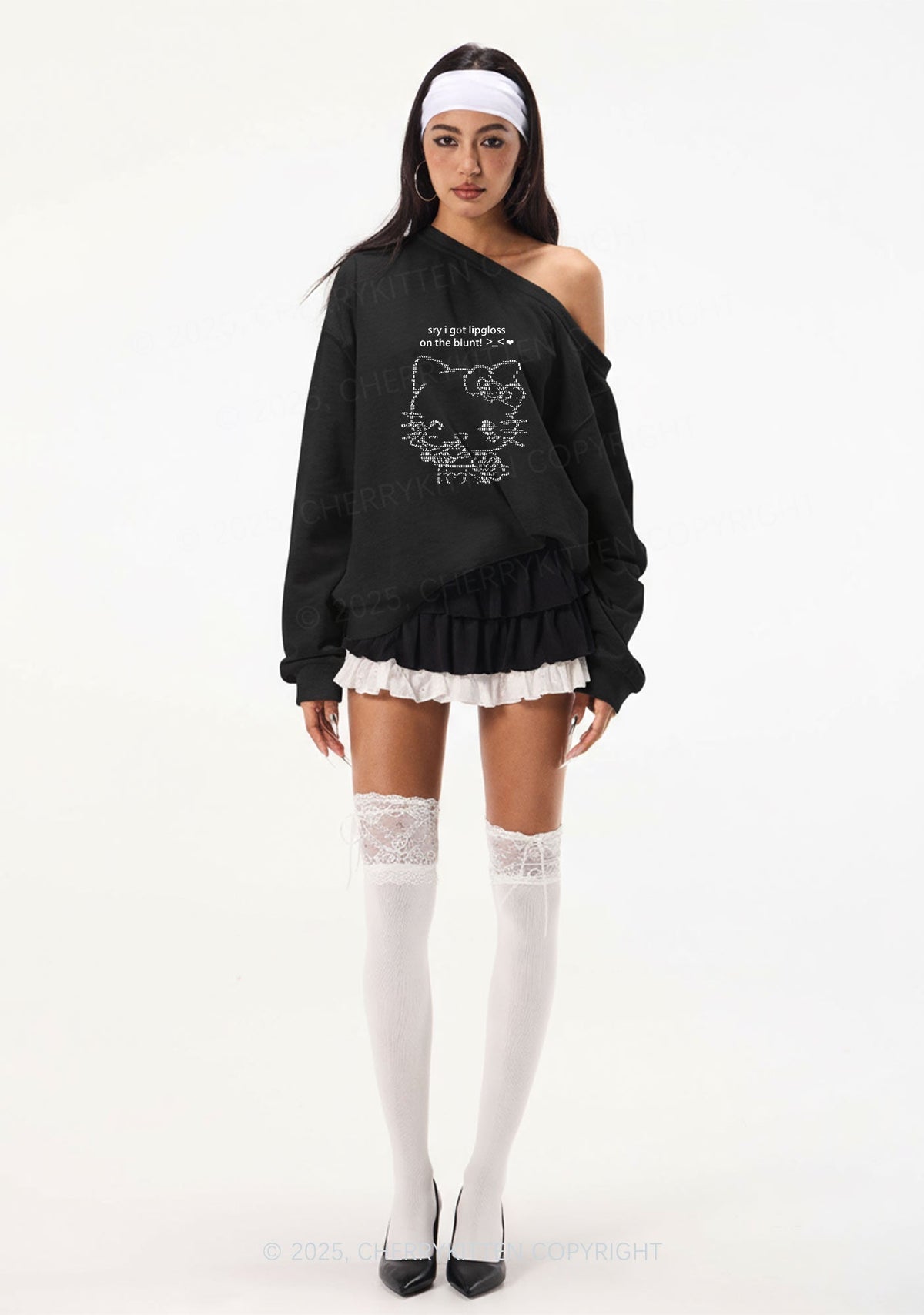 Sorry About Lipgloss Y2K Off Shoulder Sweatshirts Cherrykitten
