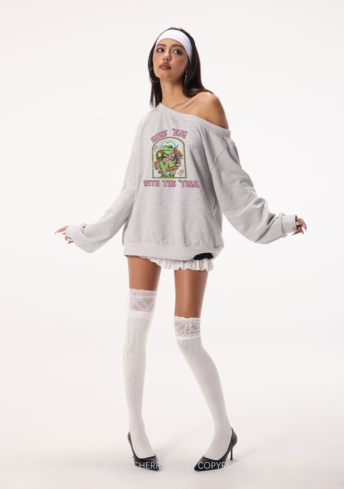 Tism Rizz Frog Y2K Off Shoulder Sweatshirts Cherrykitten
