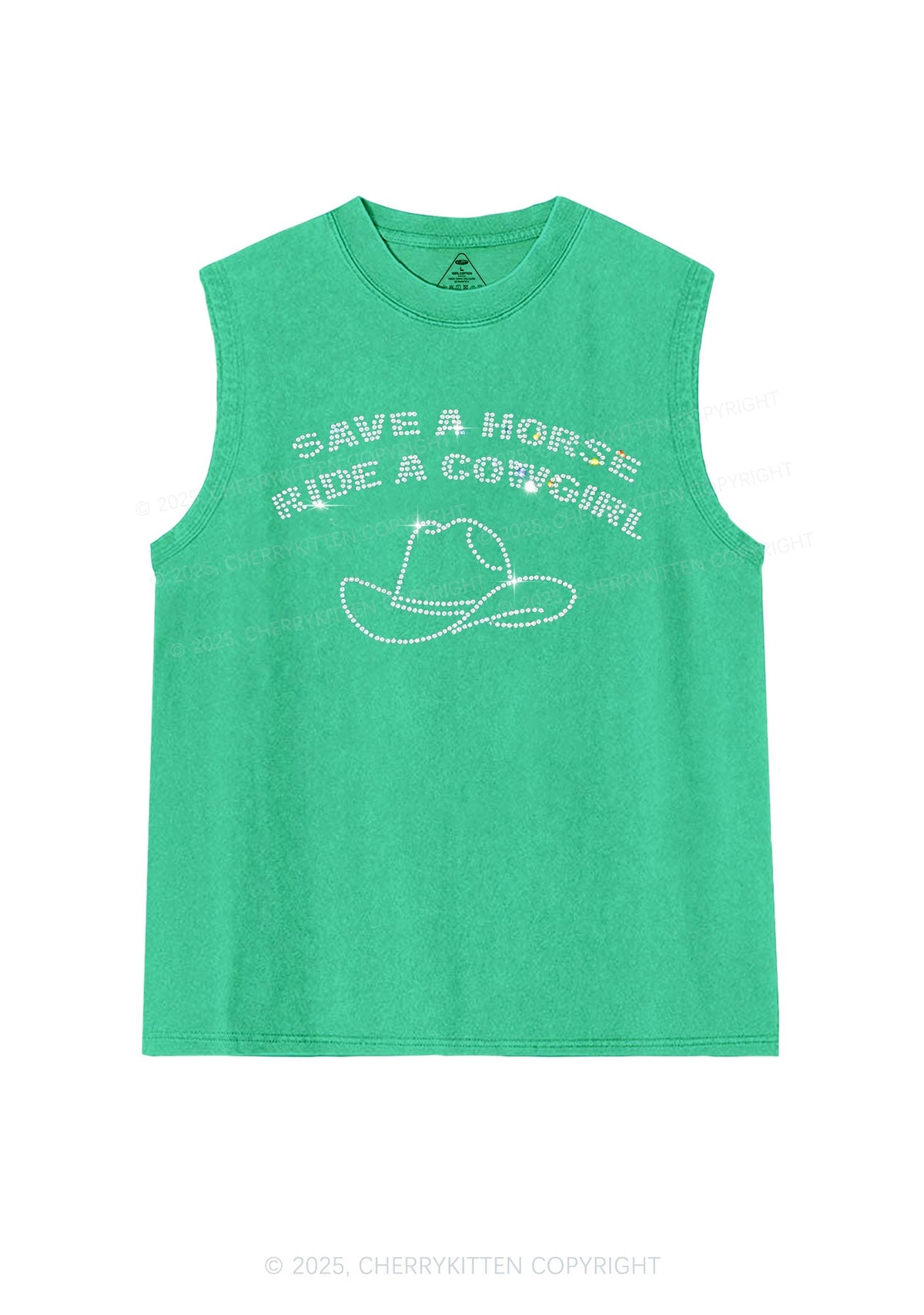 Rhinestone Save Horse Ride Cowgirl Y2K Washed Muscle Tank Cherrykitten