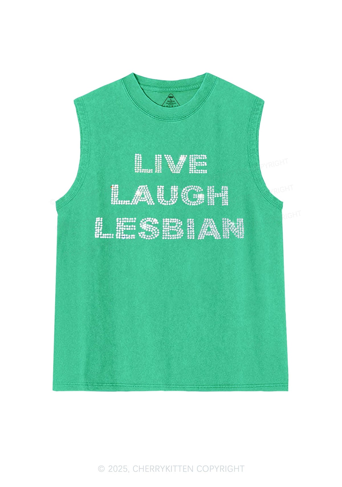 Rhinestone Live Laugh Lesbian Pride Y2K Washed Muscle Tank Cherrykitten