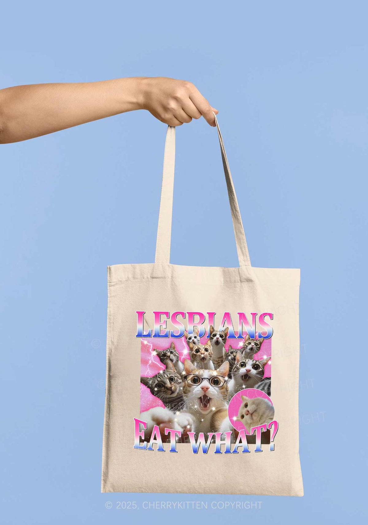 Lesbians Eat What Cat Pride Y2K Canvas Tote Bag Cherrykitten