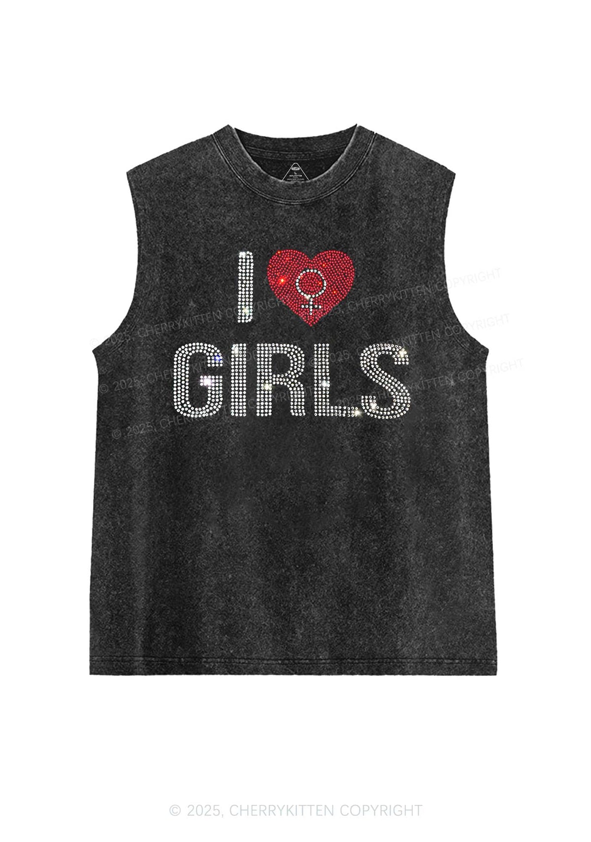 Rhinestone I Love Girls Pride Y2K Washed Muscle Tank Cherrykitten